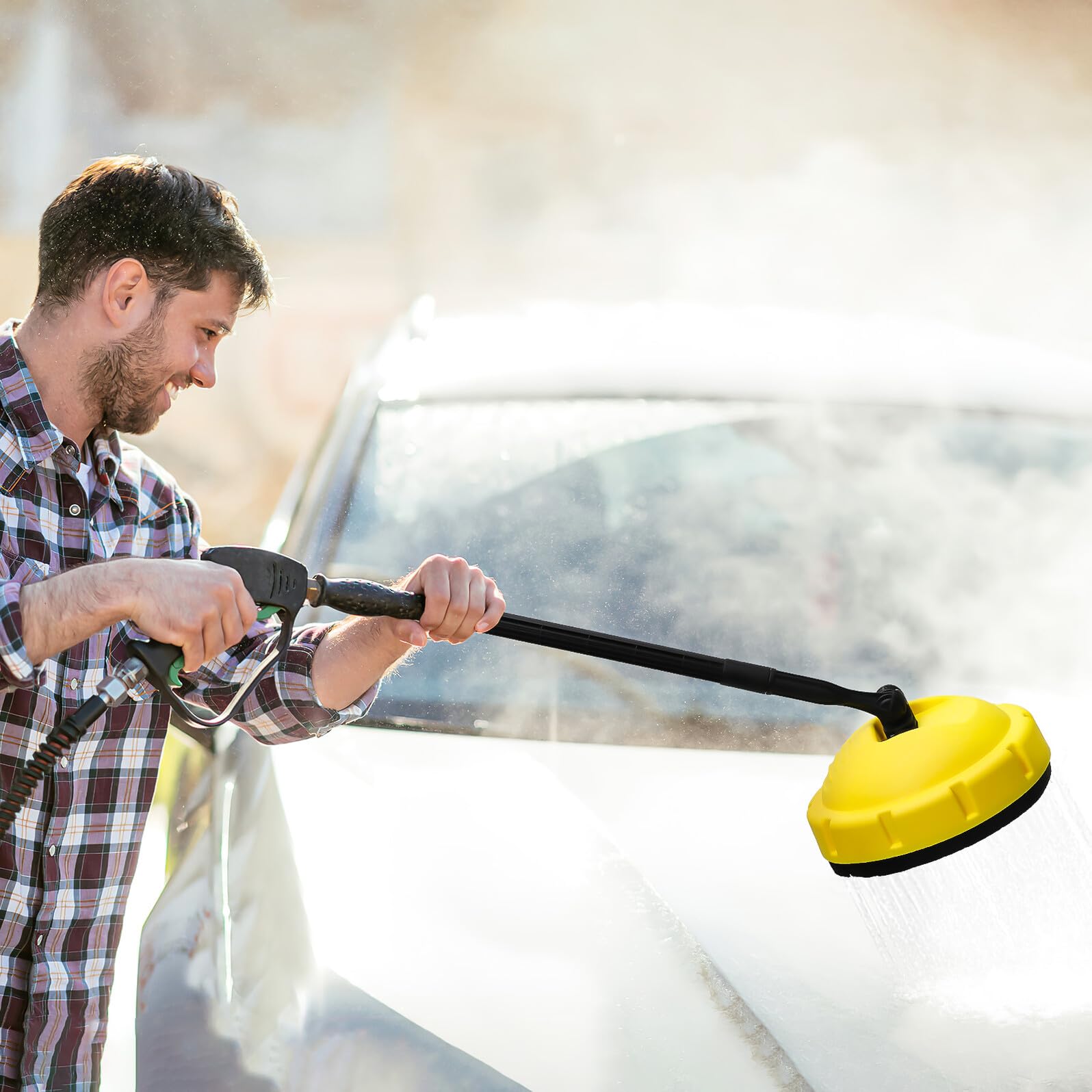 Sewroro Hidrolavadora Rotativa con Cepillo Giratorio de Plástico para Limpieza Profunda de Superficies Planas en Garaje y Exteriores con Diseño de Mango Largo