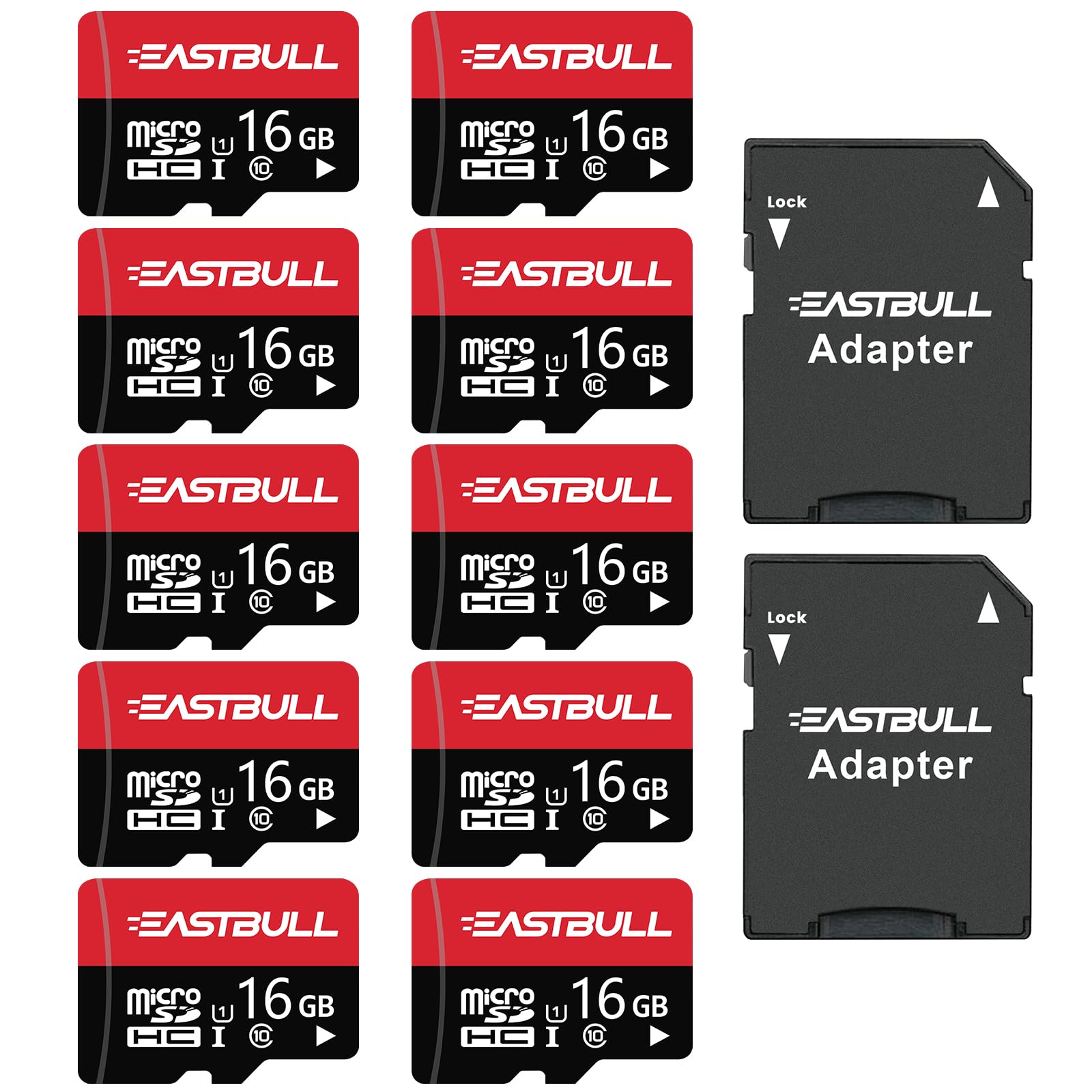 Micro SD 16 Go Lot de 10 Cartes, Cartes mémoire SD EASTBULL 16 Go, vidéo Full HD 90 Mo/s UHS-I U1 Micro SDHC Classe 10 pour caméras de Surveillance (10 unités et 2 adaptateurs)