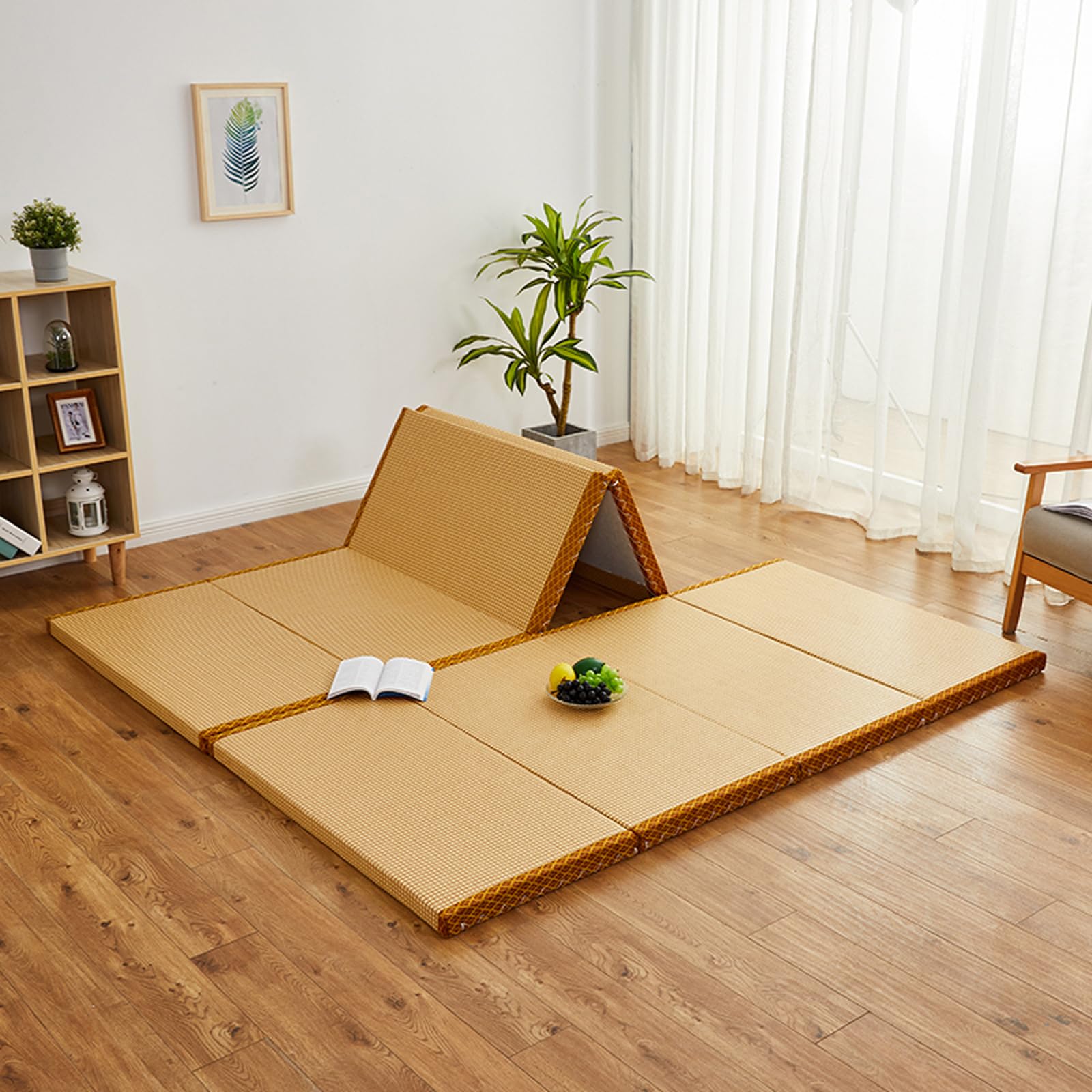 Colchón de futón plegable, tapete de suelo de hierba rush marrón, colchón enrollable compacto para meditación, yoga, sala zen, salón japonés, cama plegable portátil