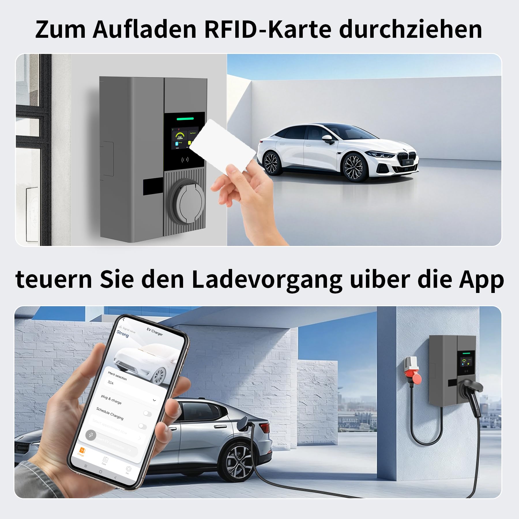 Wallbox 11kW with App & RFID - Wall Box with CEE Plug, 3-Phase Type 2 EV Charger 400V, 6-16A, Electric Car Charging Station for BEV PHEV ID.3/4/5/7 Model 3/Y