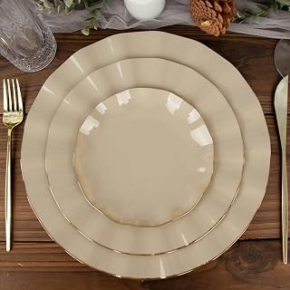 Efavormart 10 Pack | Taupe 6" Round Plastic Dessert Salad Plates, Disposable Appetizer Plates with Gold Wavy Rim for Wedding, Outdoor Receptions, Banquets, Holiday Dining