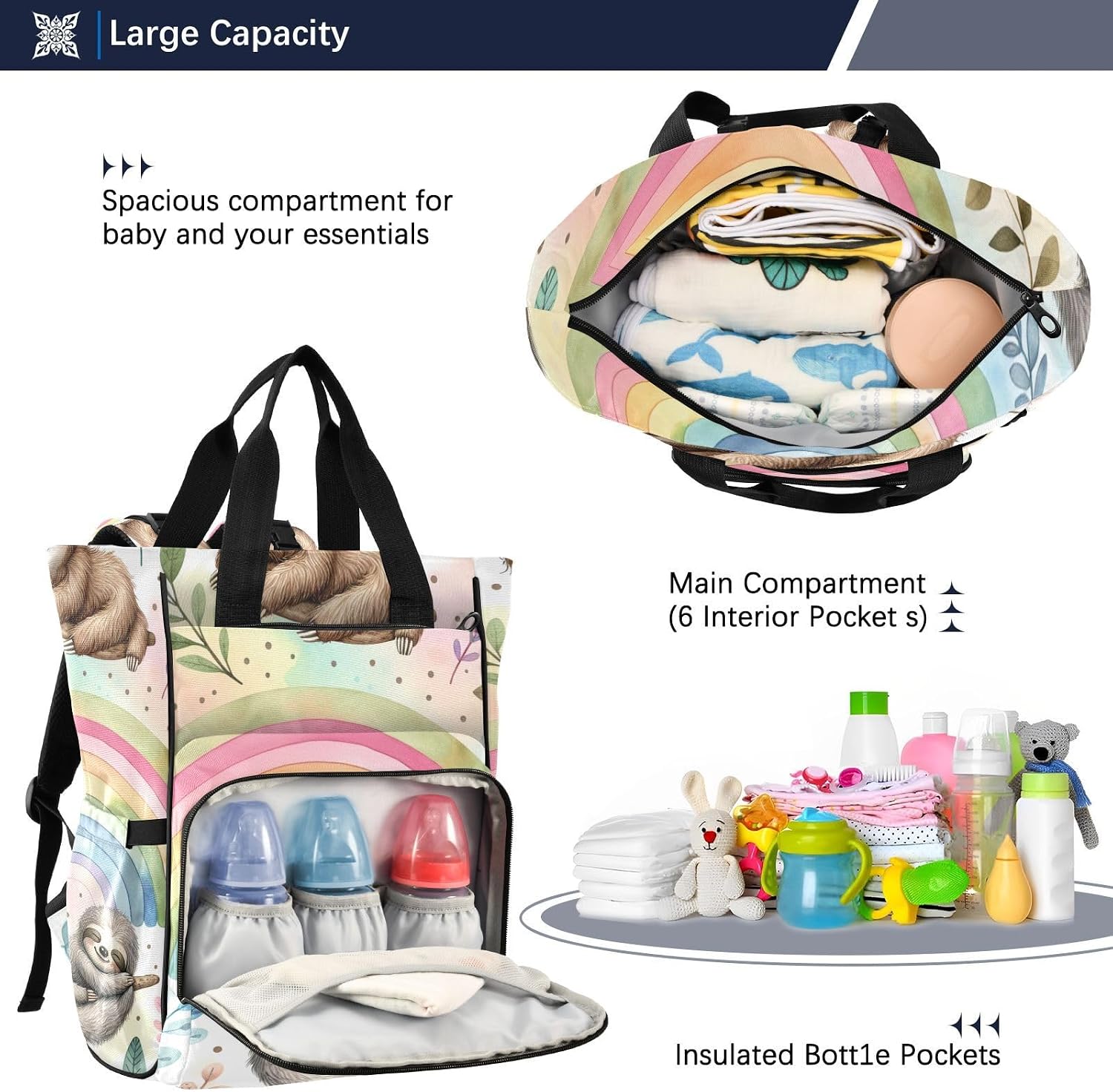 Diaper Bag Backpack, Cute Sloths Baby Diaper Bag - Waterproof Multifunction Travel Diaper Bag with Pacifier Case, Stroller Straps & Insulated Pocket - Unisex