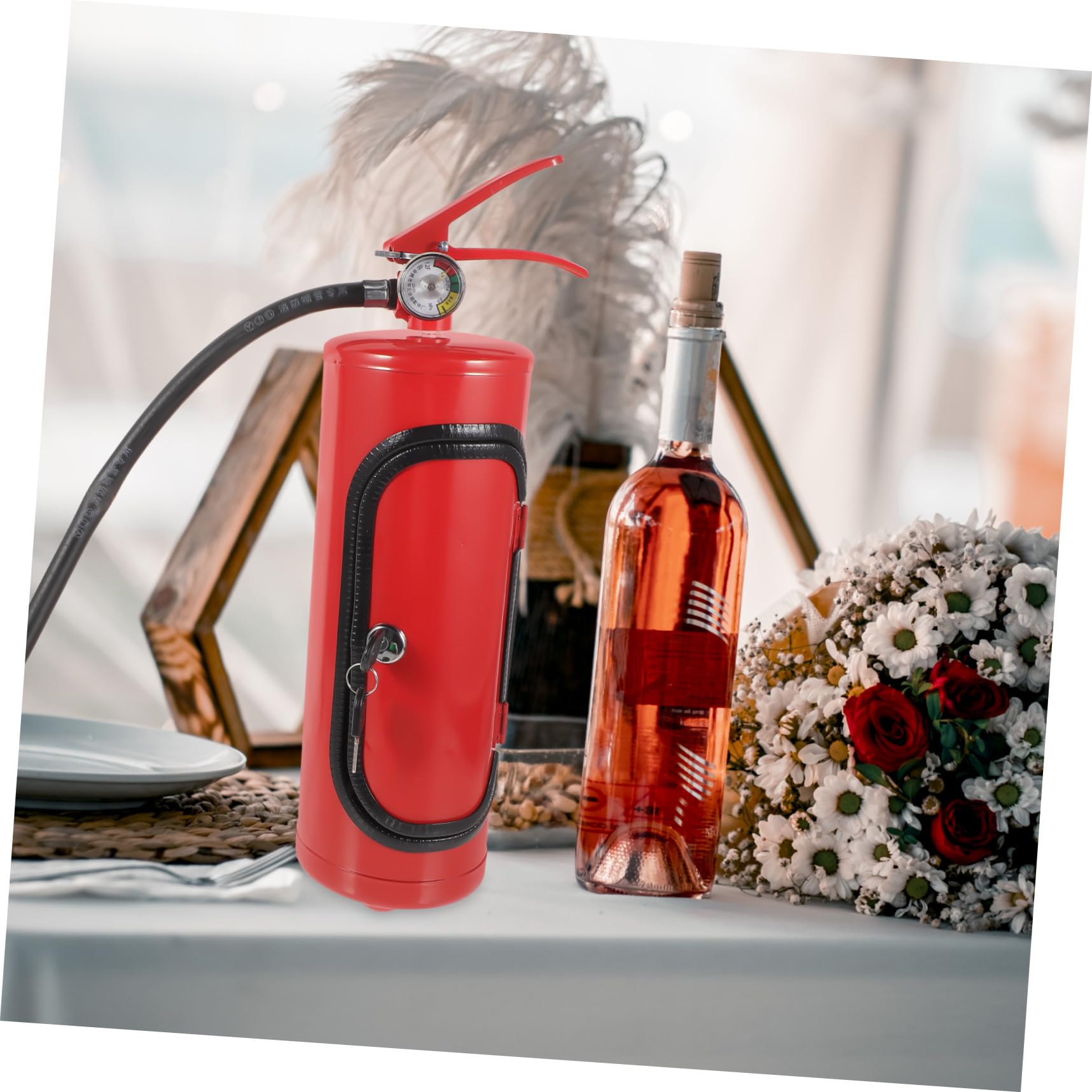 BETOOKY Feuerlöscher Weinkiste Metall Rotwein Aufbewahrungsbox Geschenk Feuerwehrmann Dekorativer Weinhalter für Zuhause und Bar