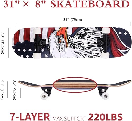 Vista 3 de Patineta, 31" x 8" Complete PRO Skateboard, 9 capas de madera de arce canadiense doble patada trucos skate board diseño cóncavo para principiantes