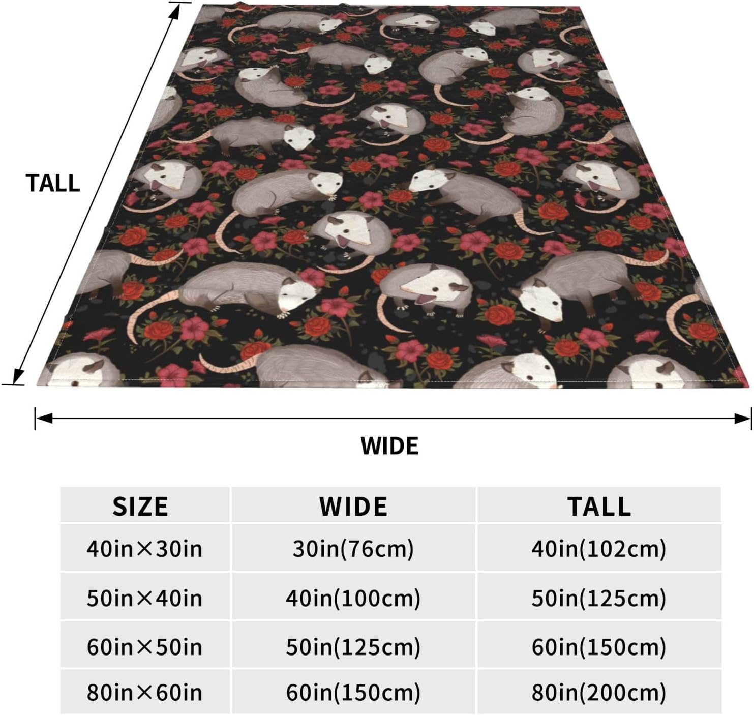 Possum Blanket Opossum Throw Blanket Opossum Lovers Gift Blanket for Boys Girls Flowers Possum Stuffed Animal Blanket for Sofa Bed Home Decor Christmas Birthday Gifts for Women Men Kids 60"x50"