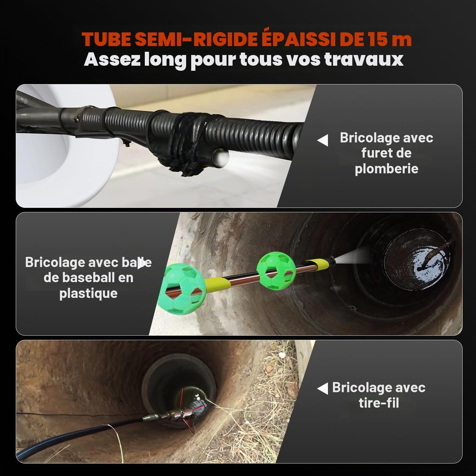 15m Caméra Endoscopique Triple Objectif, Endoscope d'Inspection Serpent 8 mm LCD 5 Pouces avec 10 LED Réglables, Caméra Etanche IP67, 1080P Endoscope Industriel pour Automobile, Câble