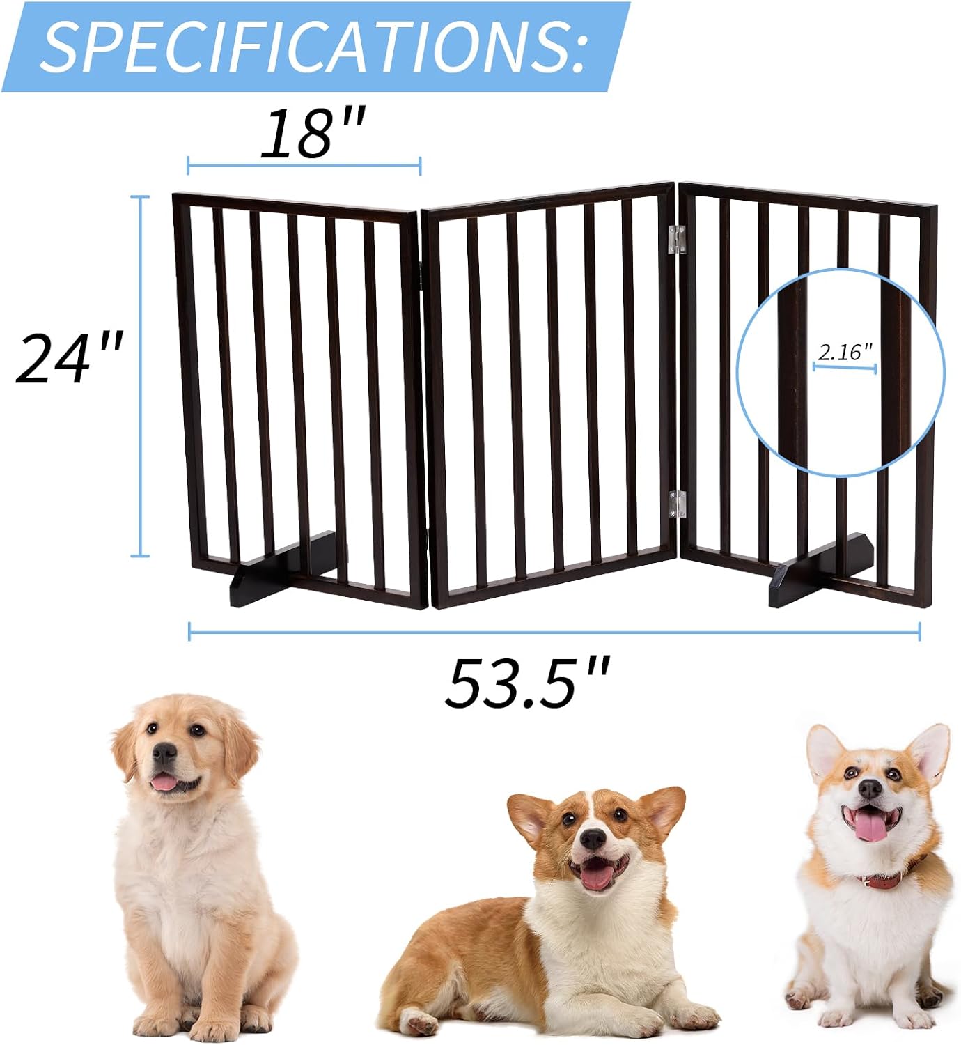 BONNLO Free Standing Dog Gate Indoor, Foldable Pet Gate for Dogs and Puppy, 24" Height Wooden Dog Gates for Doorways Extra Wide/Stairs/Hallways (Walnut, 3 Panel)