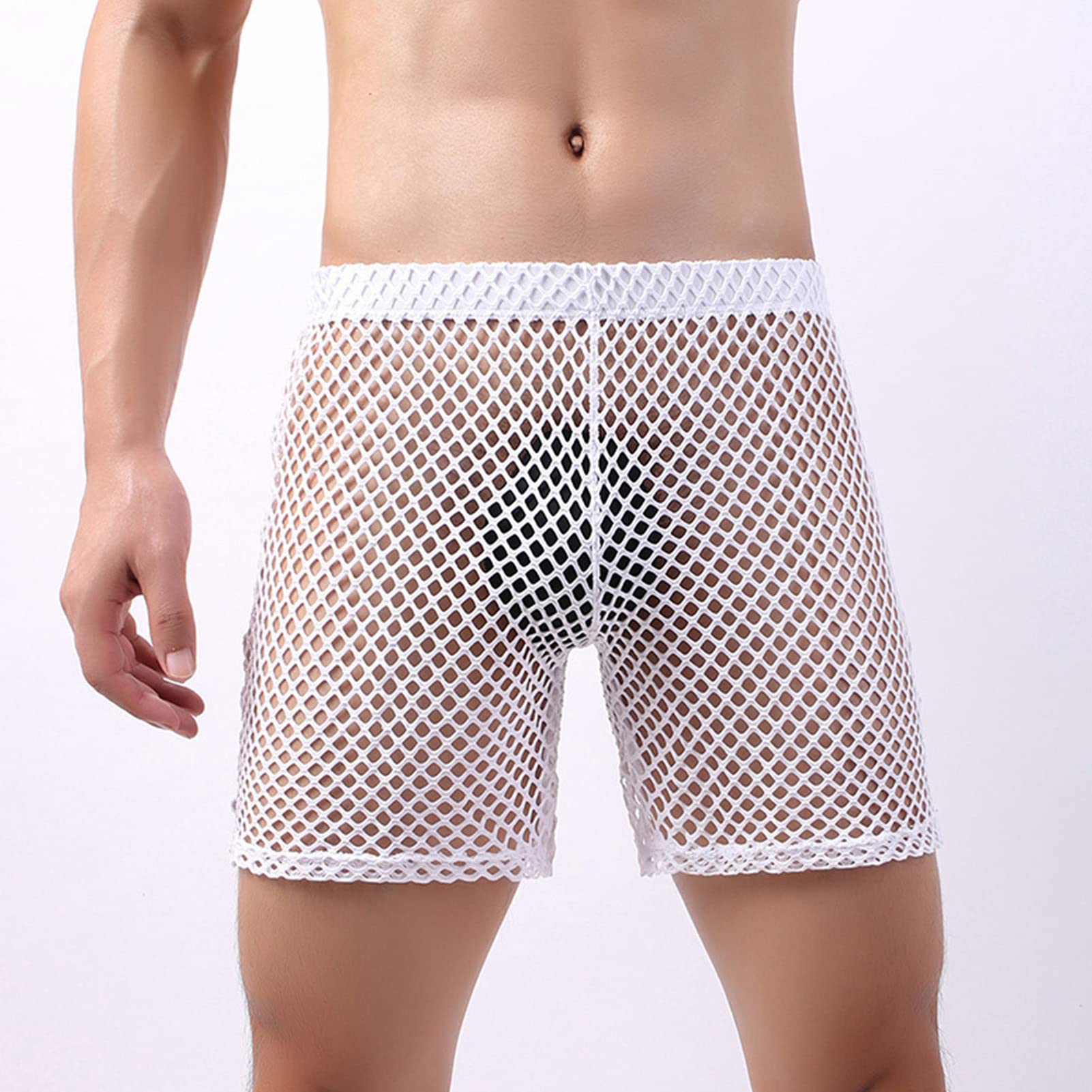 Maiyifu-GJ Men's Sleeveless Fishnet Tank Top Mesh Sheer Muscle Workout Vest See Through Boxer Briefs Trunks Underwear (White 3,Small)