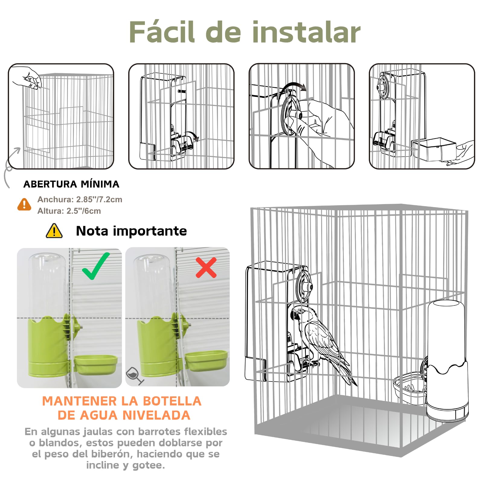 Comedero automático y dispensador de Agua para pájaros, comedero para Jaula de pájaros con Percha para Periquito, Canario, cacatúa, pinzón (Verde)