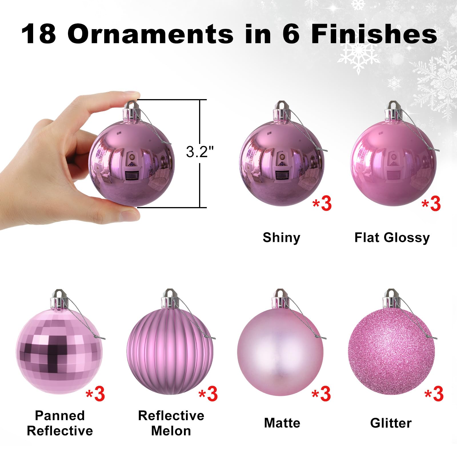 Bubblegun Lot de 18 Grandes Boules de Noël incassables à Suspendre pour Anniversaire, Halloween, Vacances, Mariage (Rose, 8 cm)