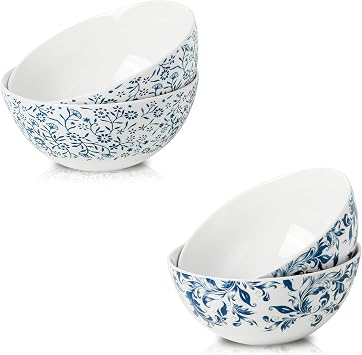 Large Serving Bowls Set of 4, Ceramic Salad Bowls for Eating, 42 oz White and Blue Bowls for Snack, Soup, Pho, Cereal, Pasta, Fruit, Serving dishes for parties
