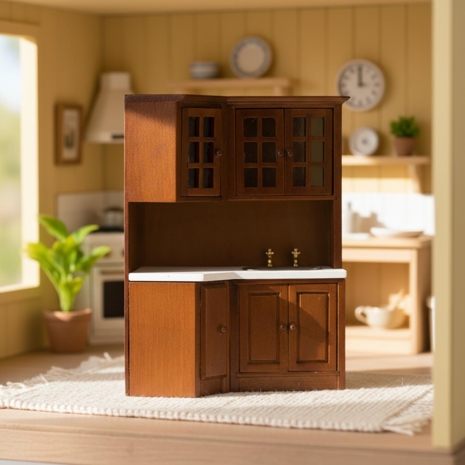 Miniatur-Küchenschrank aus Birkenholz detailliert Puppenhaus-Küchenschrank mit Spüle Sturdy Küchenzeile mit Spüle und Herd für Modellbauer,
