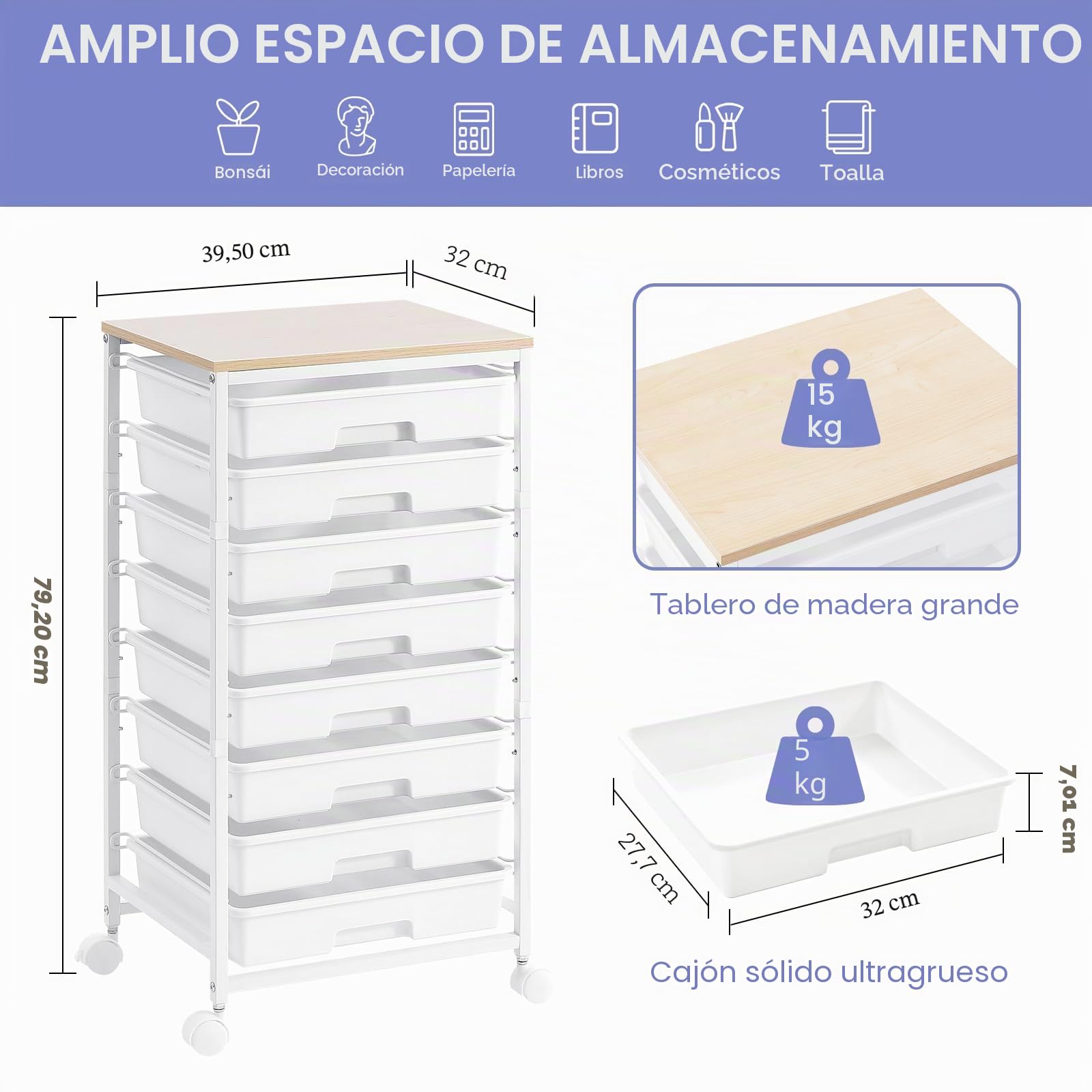 SYKIARIOL Carro de baño con 8 cajones, carro con cajones y rollos con tablero de madera para sala de estar, dormitorio, oficina, gran capacidad, carro de manualidades, blanco