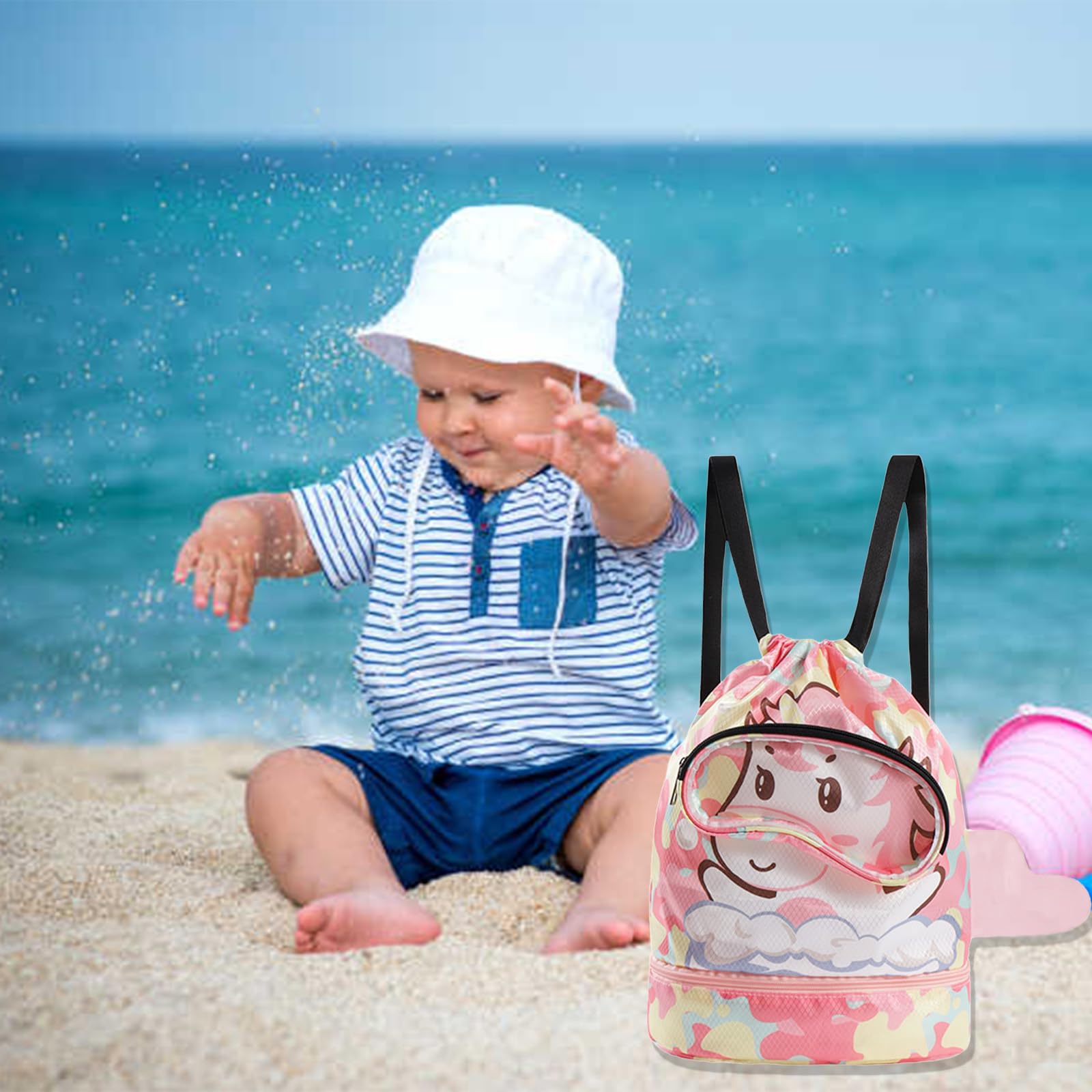 Sac Piscine Enfant avec Cordon, Séparation Sèche et Humide, Sac de Sport Réglable Rose