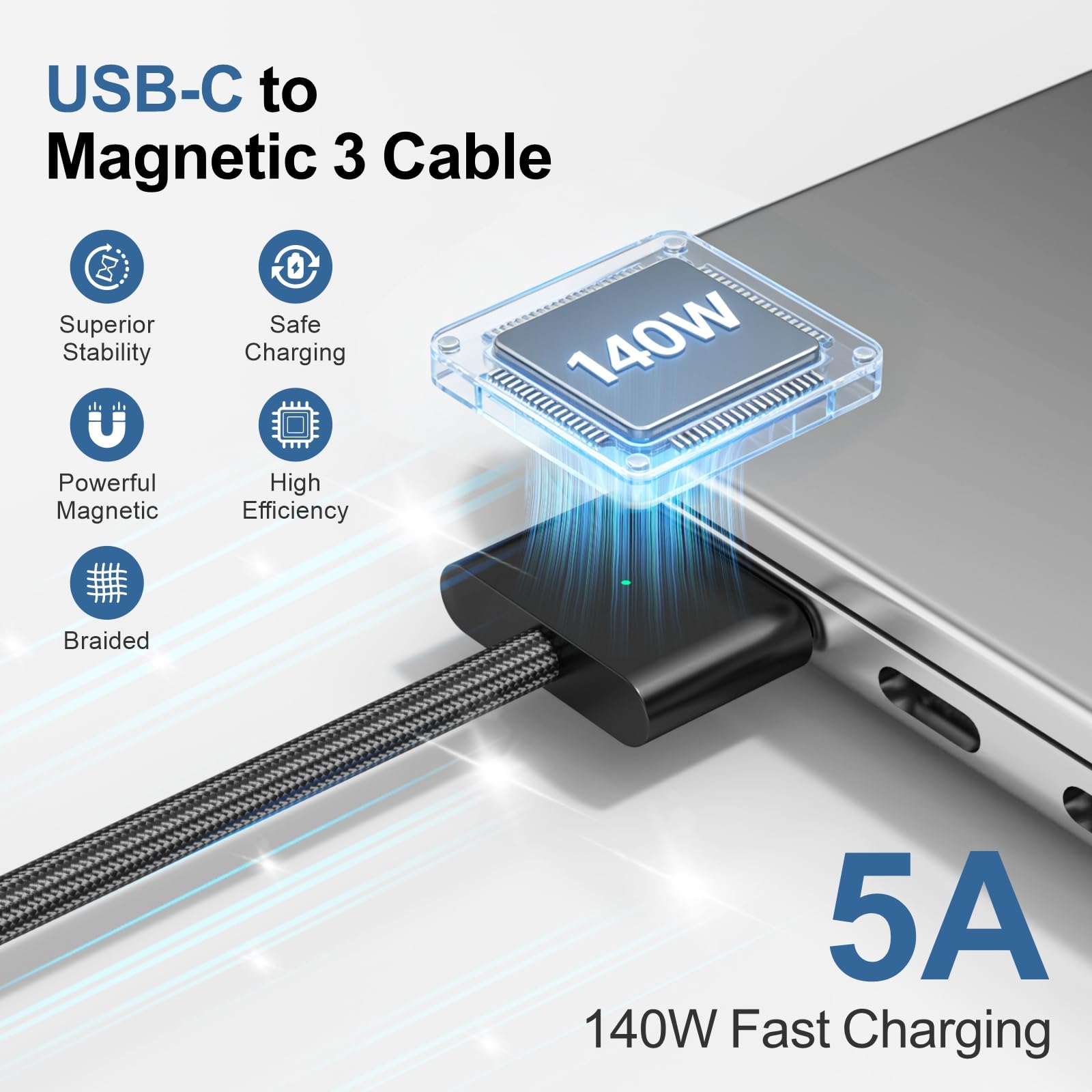 140W USB-C to Magnetic 3 Cable 6.6FT, Compatible with MagSafe 3 for MacBook Pro 14" 16" & Air 13" 15" M4 M3 M2 2021-2025 Fast Charging Cord White - 5
