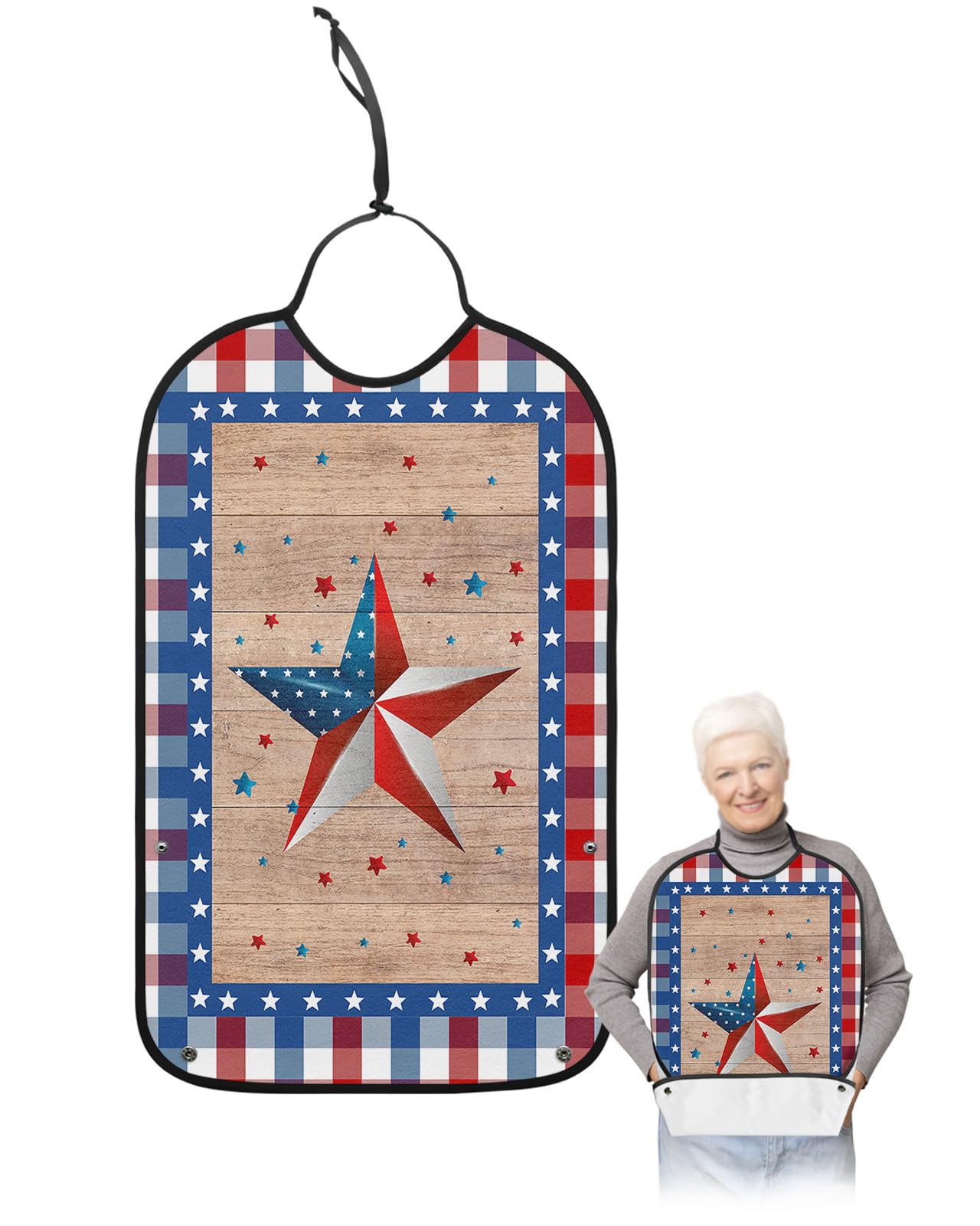 4th of July Adult Bibs for Eating, Waterproof Bibs with Food Catcher & Adjustable Snap Closure, Independence Day Blue Red Plaid Star Wood Washable Clothing Protectors Adult Bibs for Elderly Women/Men