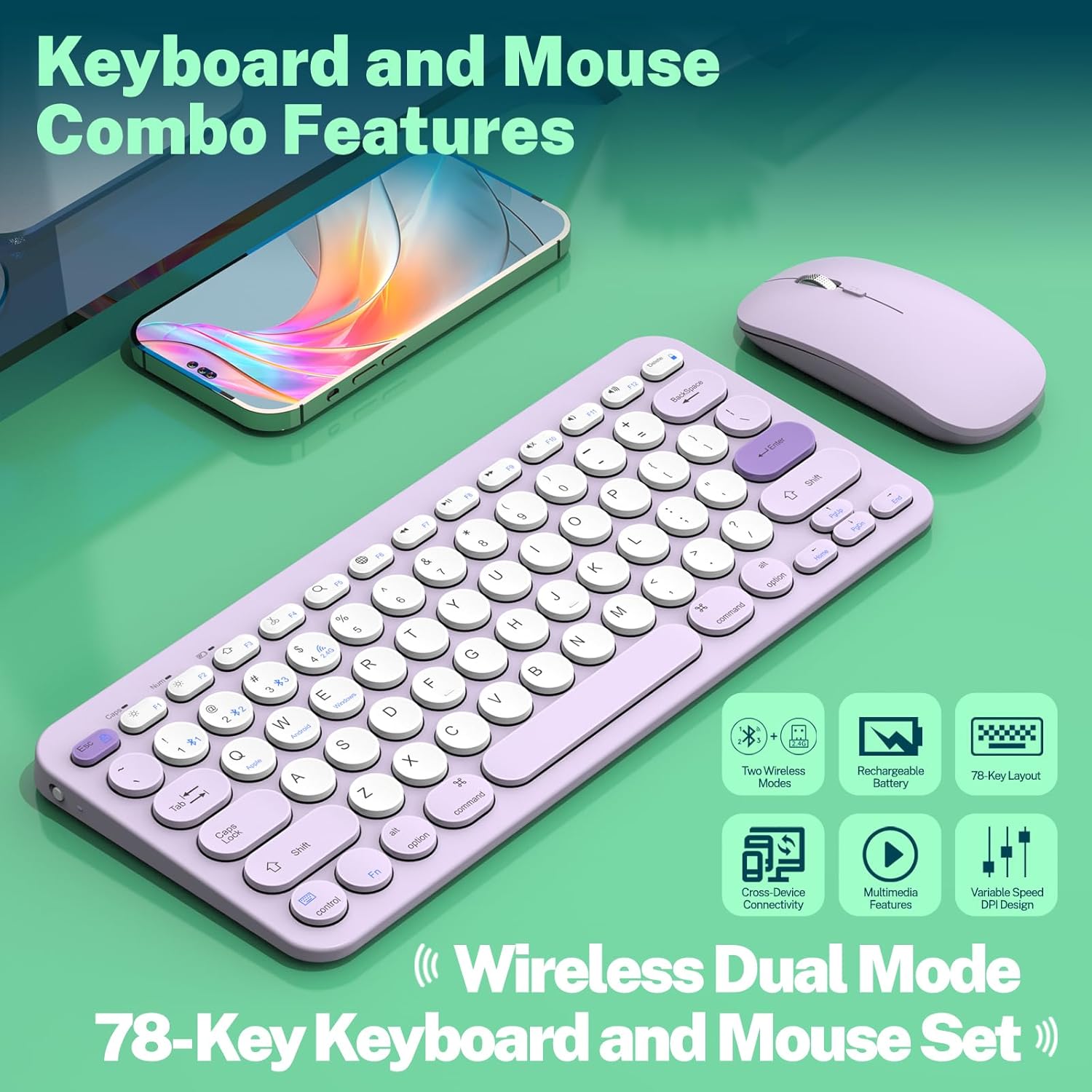 Wireless Keyboard and Mouse, Compact Multi-Device Bluetooth Keyboard and Mouse Combo, Silent Adjustable 2400 DPI, 2.4G+Bluetooth Computer Keyboard for Laptops Mac PC, Chrome OS, Travel (Purple)