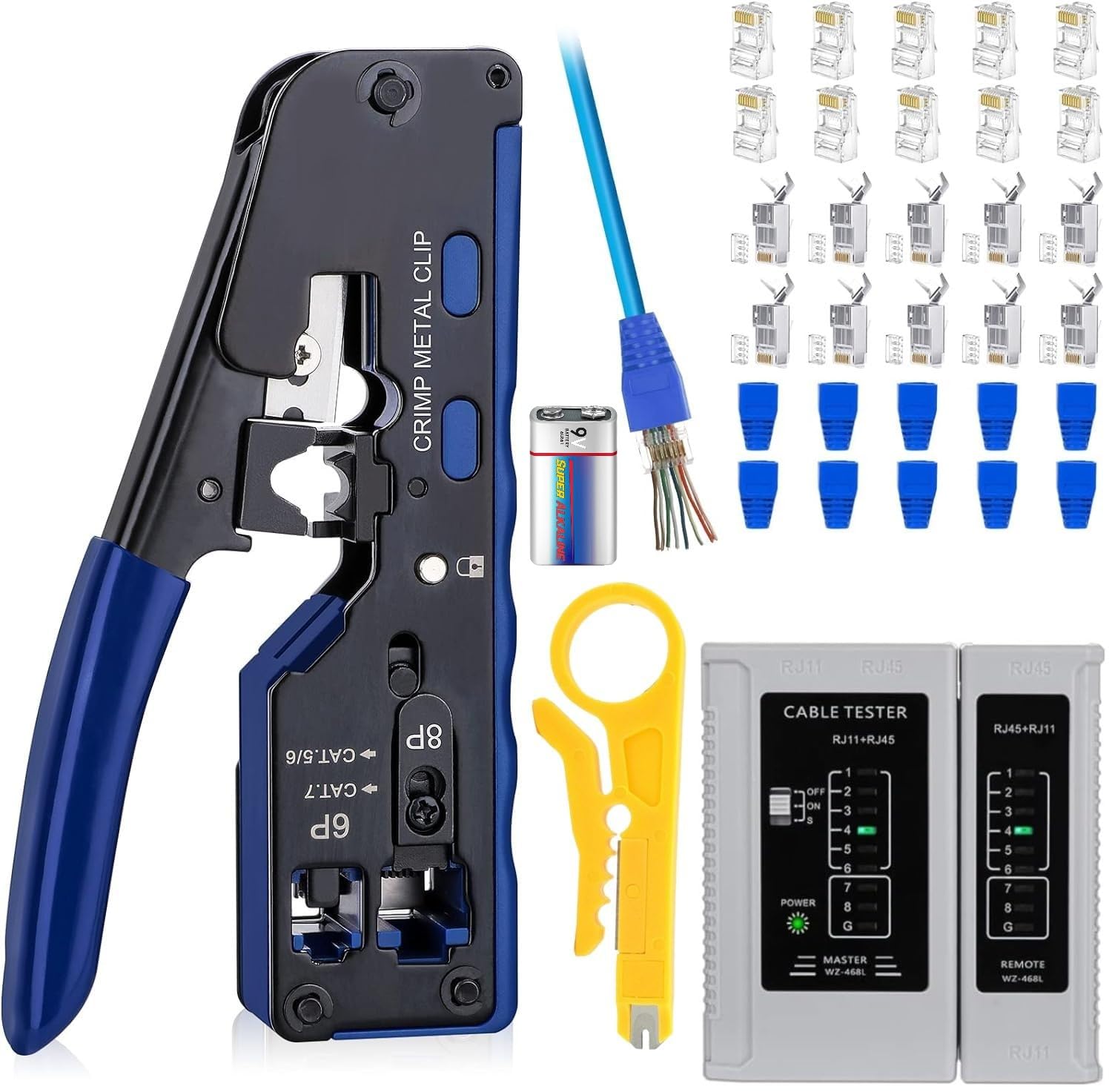 XIKKART RJ45 Crimping Tool Kit, Passthrough Cat7 Cat6A Cat6 Cat5E Cat5 RJ45 Ethernet Crimp Tool with 10PCS Cat7 Pass Through Connectors 10PCS Cat6 Pass Through Connectors 10PCS Covers 1 Network Tester (B0D5DGT2XP) Amazon Price History, Amazon Price Tracker