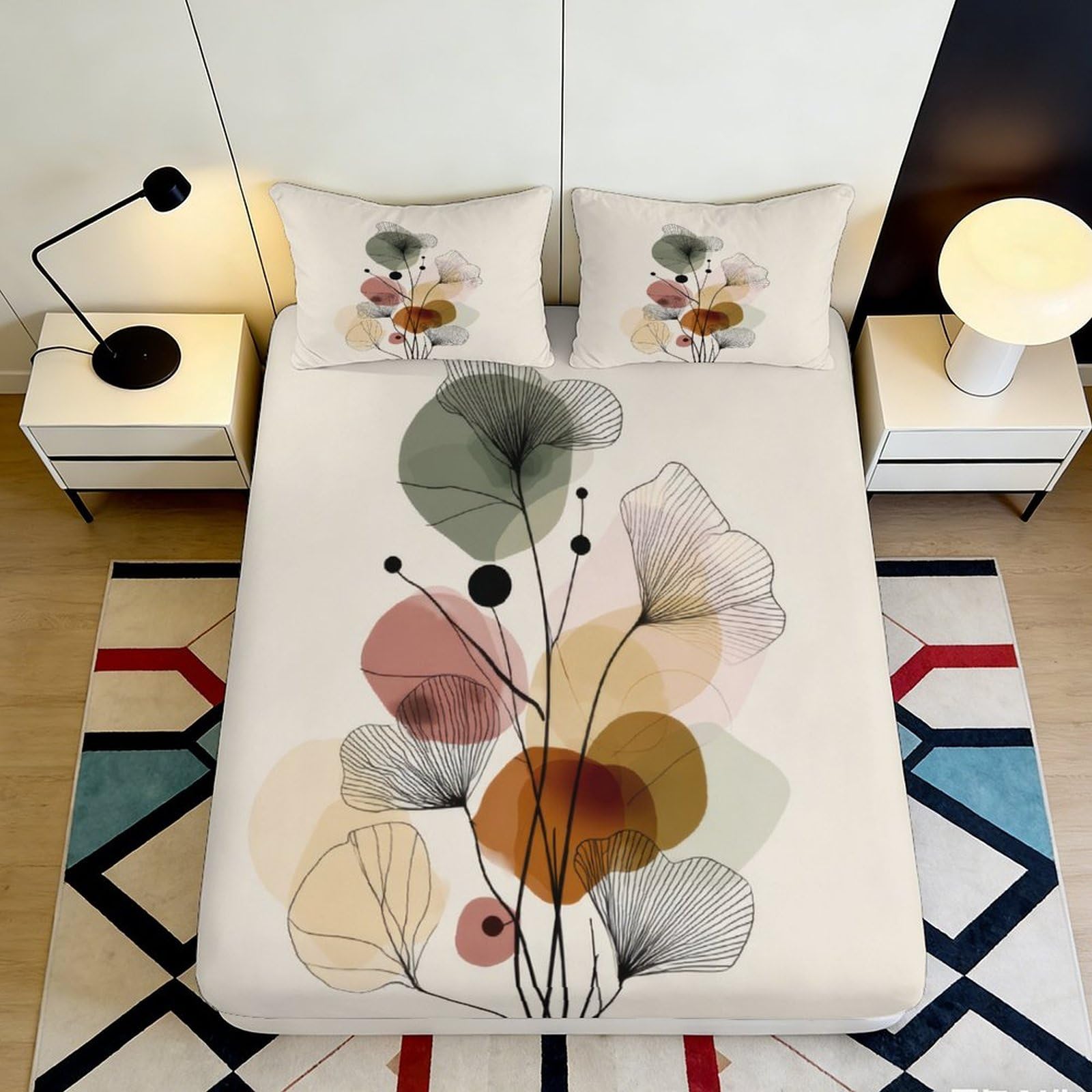 3D Printed Abstract Watercolor Leaf Fitted Sheet Microfiber Soft Non Slip Pastel Geometric Bed Cover for Bedroom Guest Room 90x200x25cm