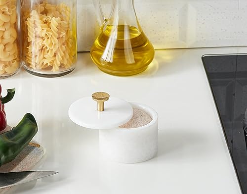 Miniatura 2 de Queenza Bodega de sal con tapa y perilla de latón, cuenco de sal de mármol Makrana blanco de 3 pulgadas, plato de sal para cocina y comedor, caja