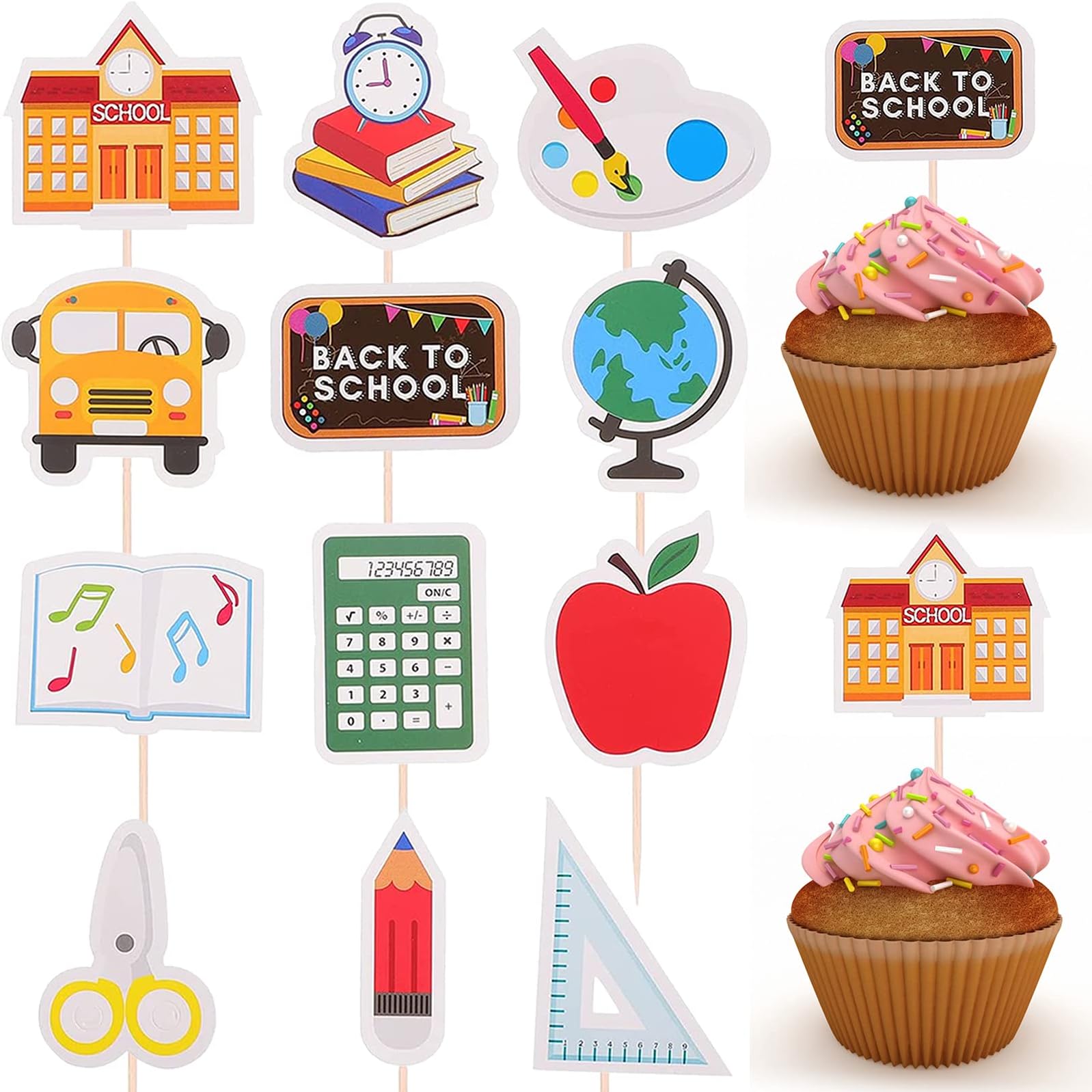 48pcs First Day of School Cupcake Toppers, Small Welcome Back to School Card Cake Topper Picks for Party Decoration School Activities Teacher Gift Classroom Decor