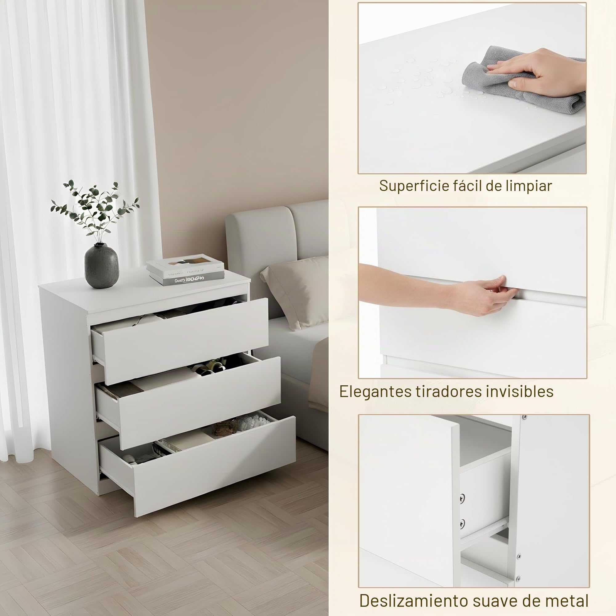 Mesita de noche blanca con 3 cajones, mesa auxiliar mesita de noche cómoda mueble de almacenamiento moderno para dormitorio, salón, oficina y entrada, 70 x 40 x 75 cm