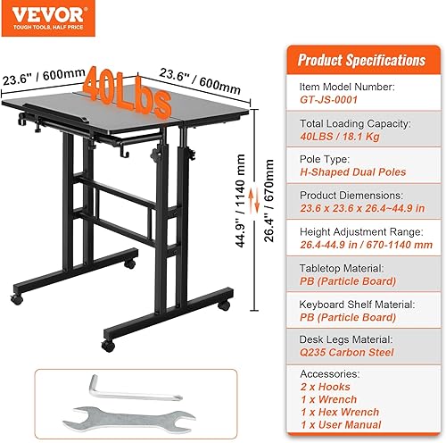Miniatura 3 de VEVOR Escritorio de pie ajustable con resorte de gas de 26.4 a 44.9 pulgadas, ruedas giratorias de 360 (4 con bloqueo), mesa para computadora