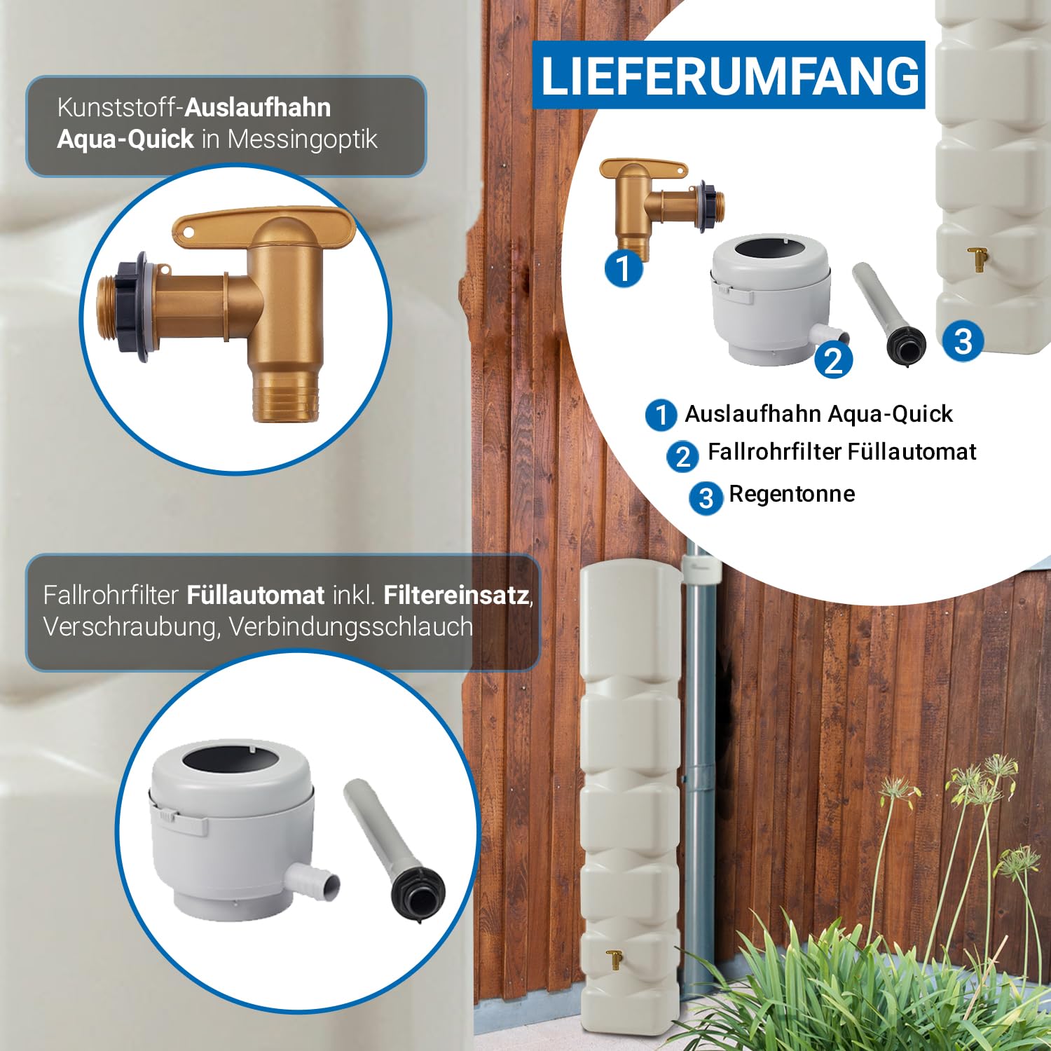 4rain Basic Regentonne Komplett-Set 300 Liter sandbeige | inkl. Kunststoff-Auslaufhahn und Fallrohranschluss Wandtank, Wassertank, Regenwassertonne, Regenwassertank, Wasserbehälter