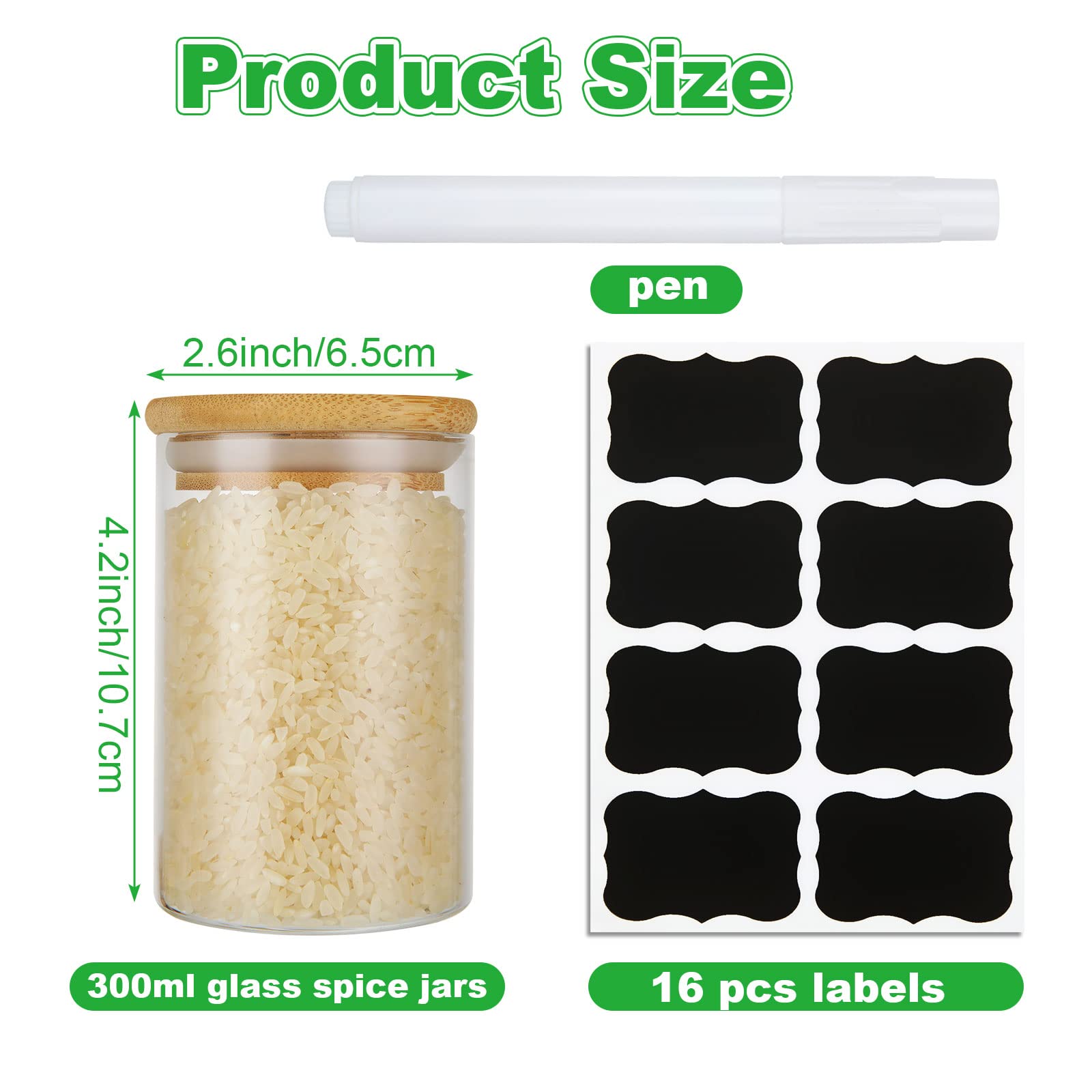 JMIATRY Set di 12 barattoli di vetro per spezie da 300 ml con coperchi ermetici in bambù, etichette e penna, barattoli in vetro trasparente per farina, zucchero, caffè, caramelle e snack