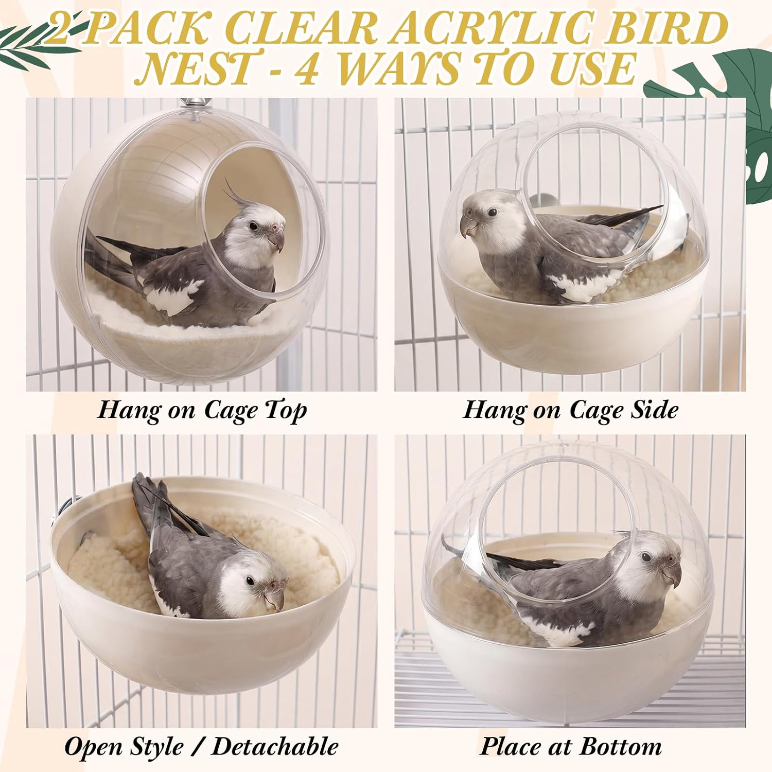 Novabright 2 Pack Clear Bird Nest for Cage Washable Transparent Parakeet House with 2 Cozy Pads Bite Resistant Bed Breeding Box Sleeping Hanging Hut Parrot Budgie Lovebird Cockatiel Canary Finch