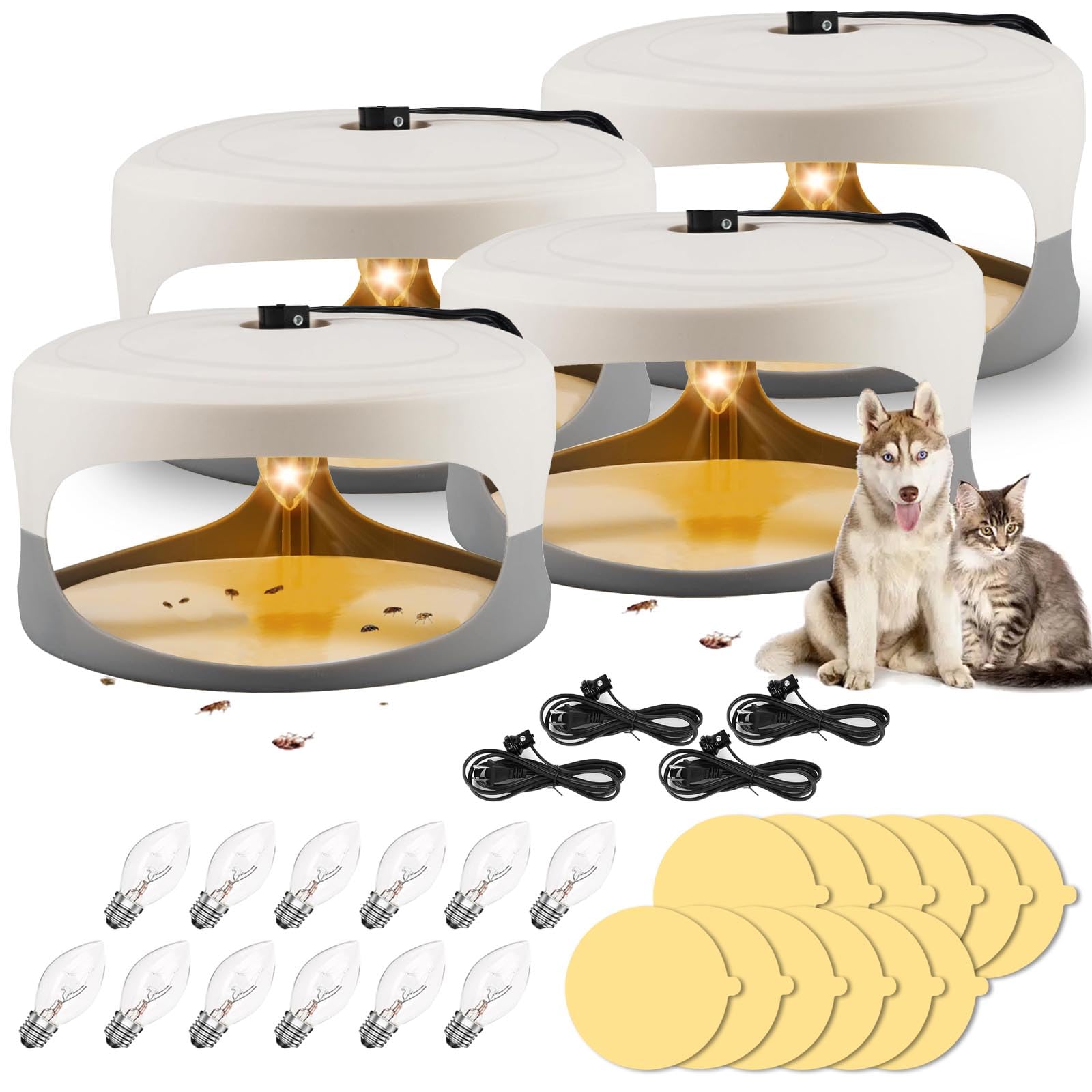 Trappole per pulci per all'interno della tua casa (confezione da 4), efficace trappola per pulci per interni con 12 dischi adesivi e 12 lampadine, sicure per animali domestici e umani, cuscinetti
