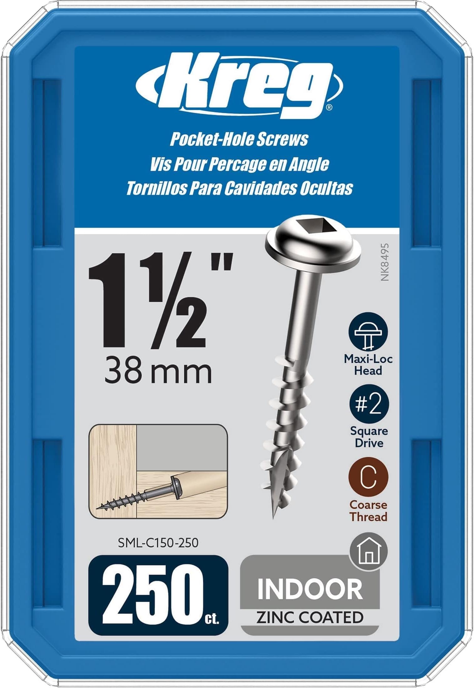 SML-C150-250 1-1/2" Coarse Thread Number 8 Washer Head Zinc Coated Pocket Hole Screws (250 Count)