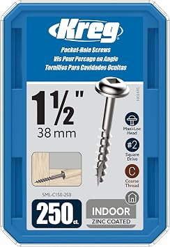 Kreg SML-C150-250 Zinc Pocket Screws, 1-1/2 Inch #8 Coarse Thread, Maxi-Loc Head 250 Count