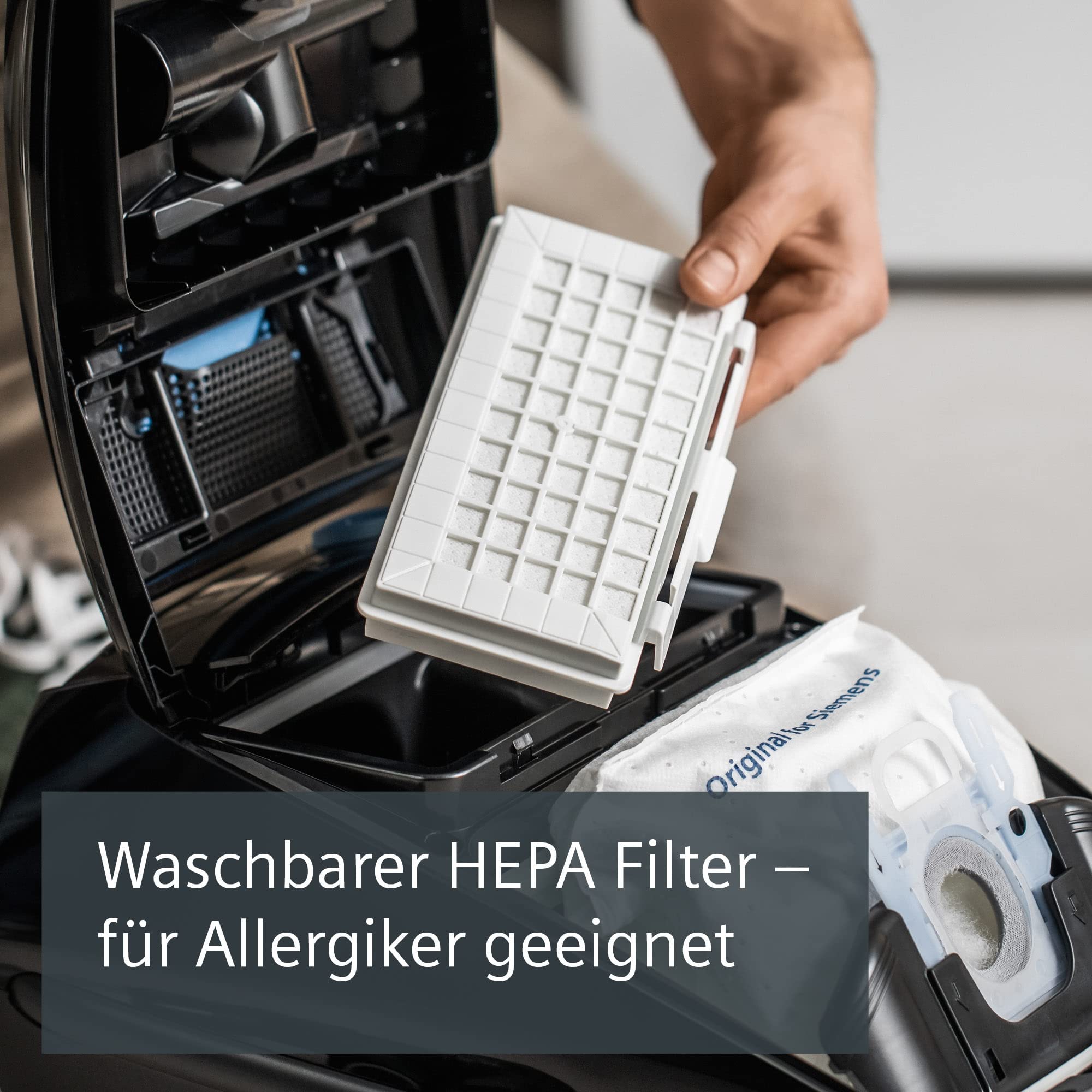 Siemens Staubsauger mit Beutel Q5.0 extreme silencePower VSQ5X1230, ideal für Allergiker, Hygiene-Filter, starke Saugleistung, Bodendüse für Parkett, Teppich, Fliesen, langes Kabel, 850 W, schwarz