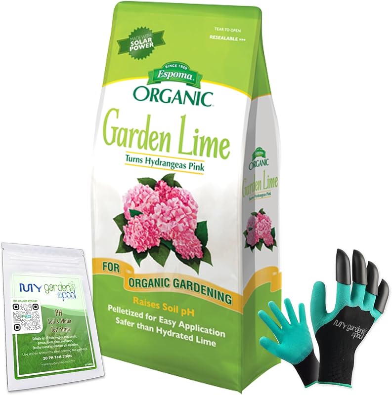 Lima de jardín orgánica Espoma; Aumenta el pH del suelo. Contiene cal dolomítica granulada para jardinería orgánica; 5 lb con tiras reactivas de pH del suelo My Garden Pool de 20 unidades y guantes de garra de jardinería superiores, 1 paquete