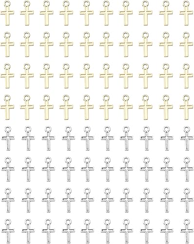 Miniatura 5 de 100 dijes de cruz de plata y oro de 0.630 x 0.315 in, aleación vintage de crucifijo de paz, cuentas para manualidades, kits de fabricación de joyas,