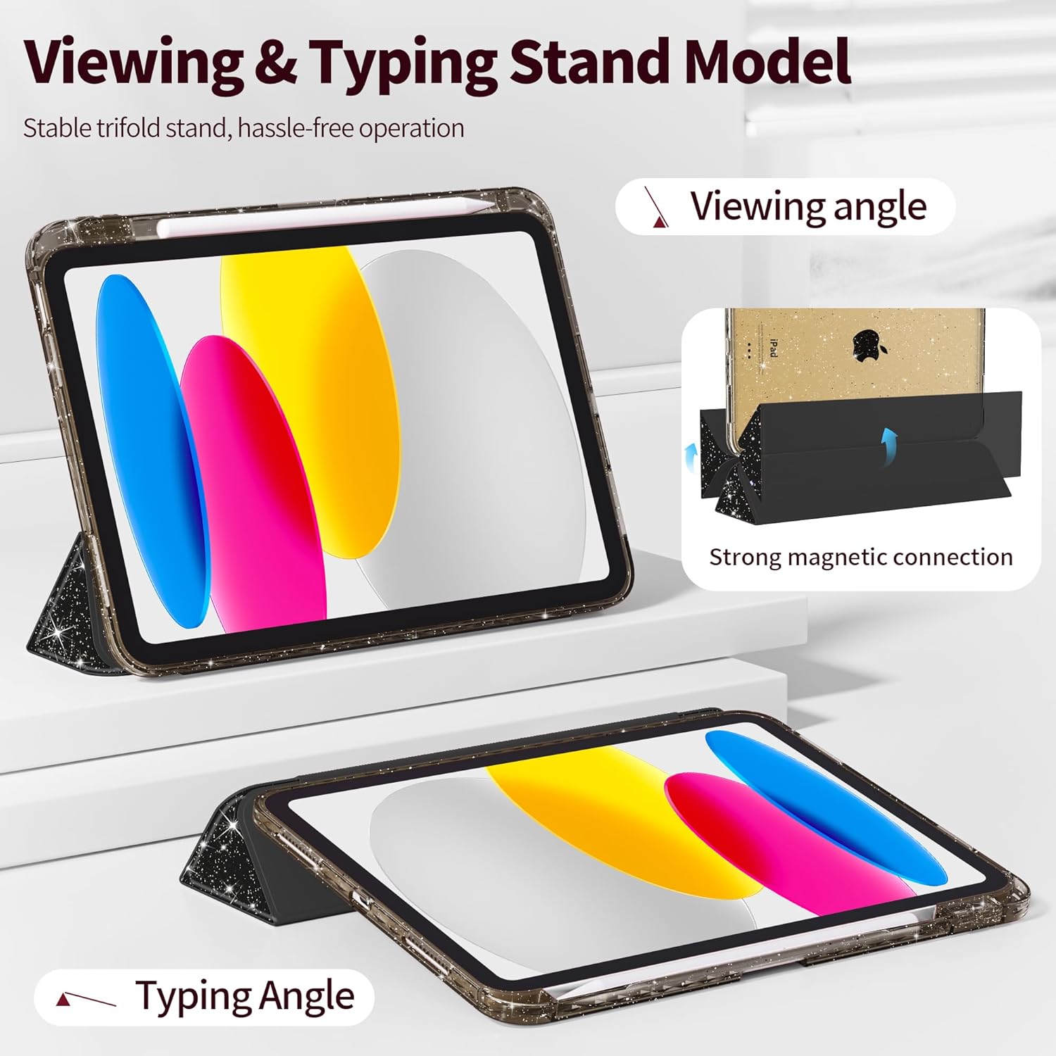 Tuiklol Sparkly Case for iPad (A16 Chip) 11th Gen 11 inch 2025 / iPad 10th Gen 10.9 inch 2022, Built in Pencil Holder with Glitter Clear Back Shell Cover Trifold Stand Auto Wake/Sleep, Sparkly-Black