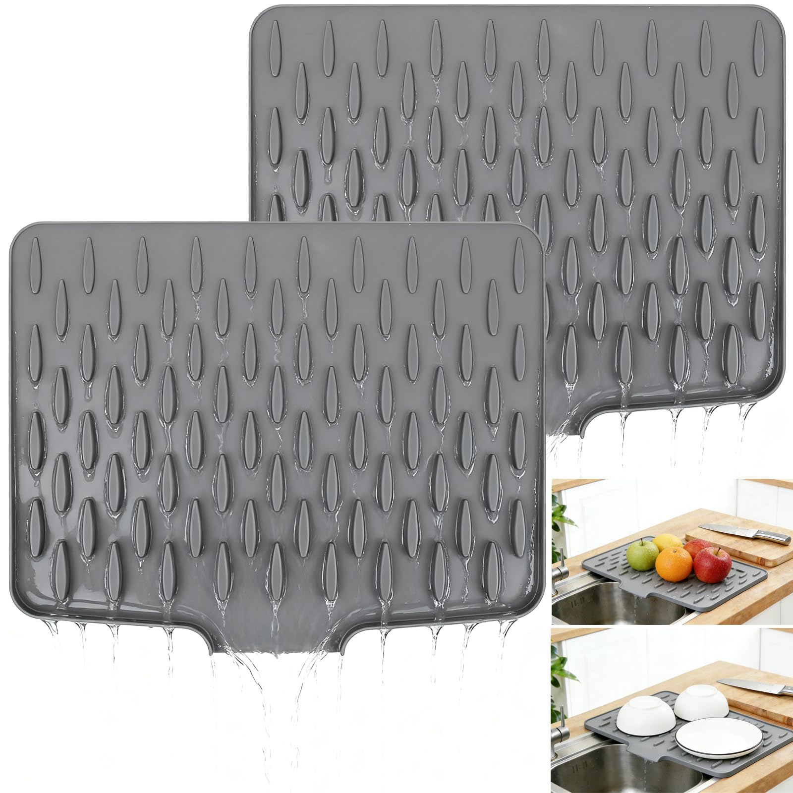 Wihozte Grey Silicone Draining Mat, Non-Slip Silicone Dish Drying Mat No-Spill Dish Drainer Mat, Fast-Tableware Fruit Vegetable Draining Board Mat Folding Draining Board Mat (2, )