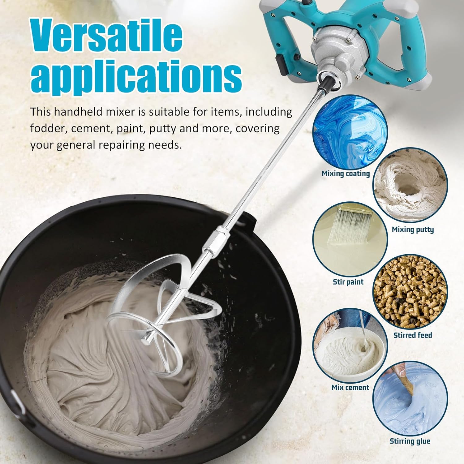 BESPORTBLE Electric Handheld Cement Mixer 6 Speed Adjustable Concrete Stirrer Portable Mud Mixer For Cement Paint Grout Plaster With Us Plug Ac110-120v