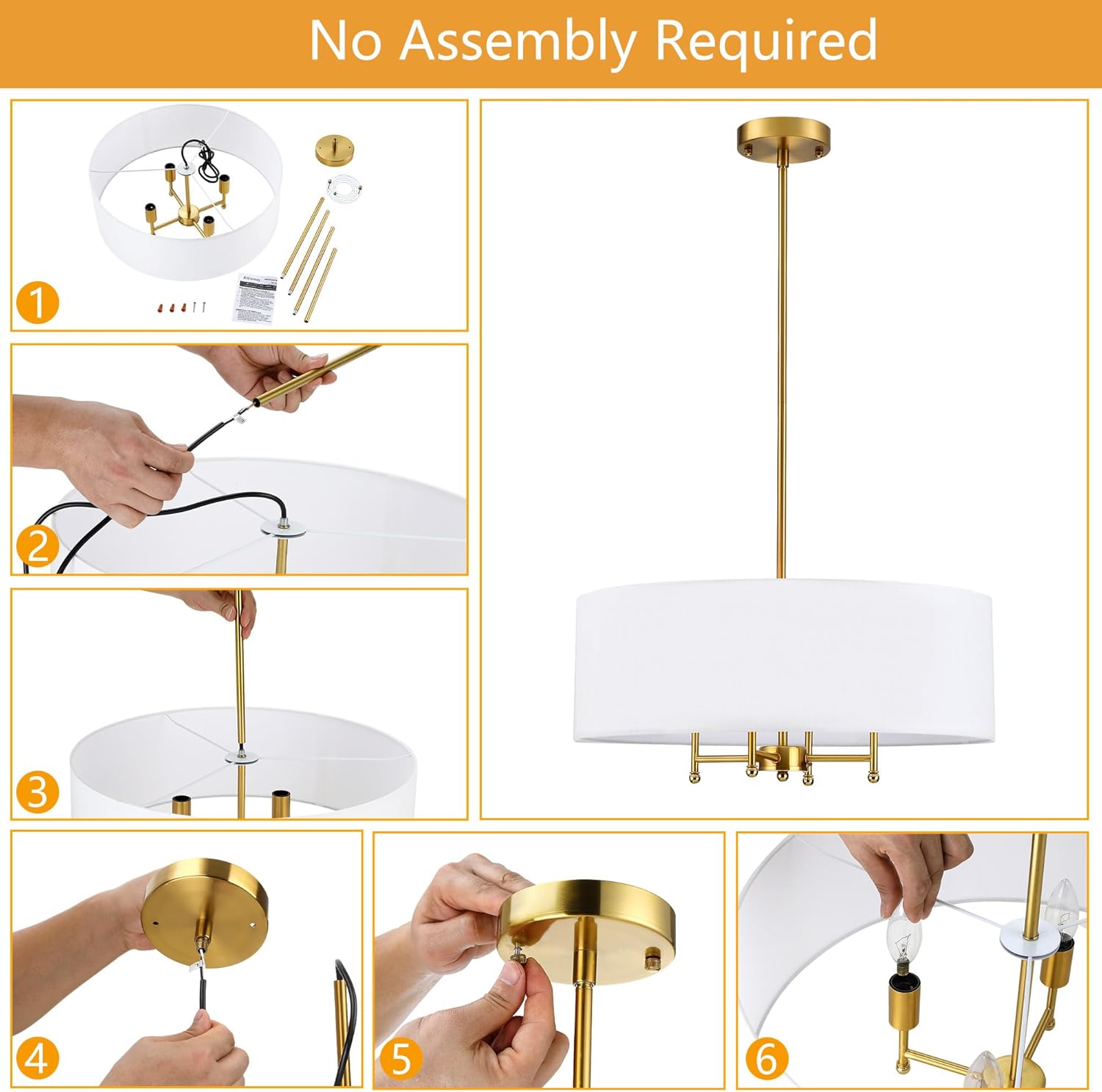 20" Gold Modern Drum Chandelier, 4-Light Hanging Ceiling Chandeliers with White Fabric Shade, Adjustable Height Pendant Lights, Farmhouse Light Fixture for Dining Room, Bedroom, Living Room (E12 Base)