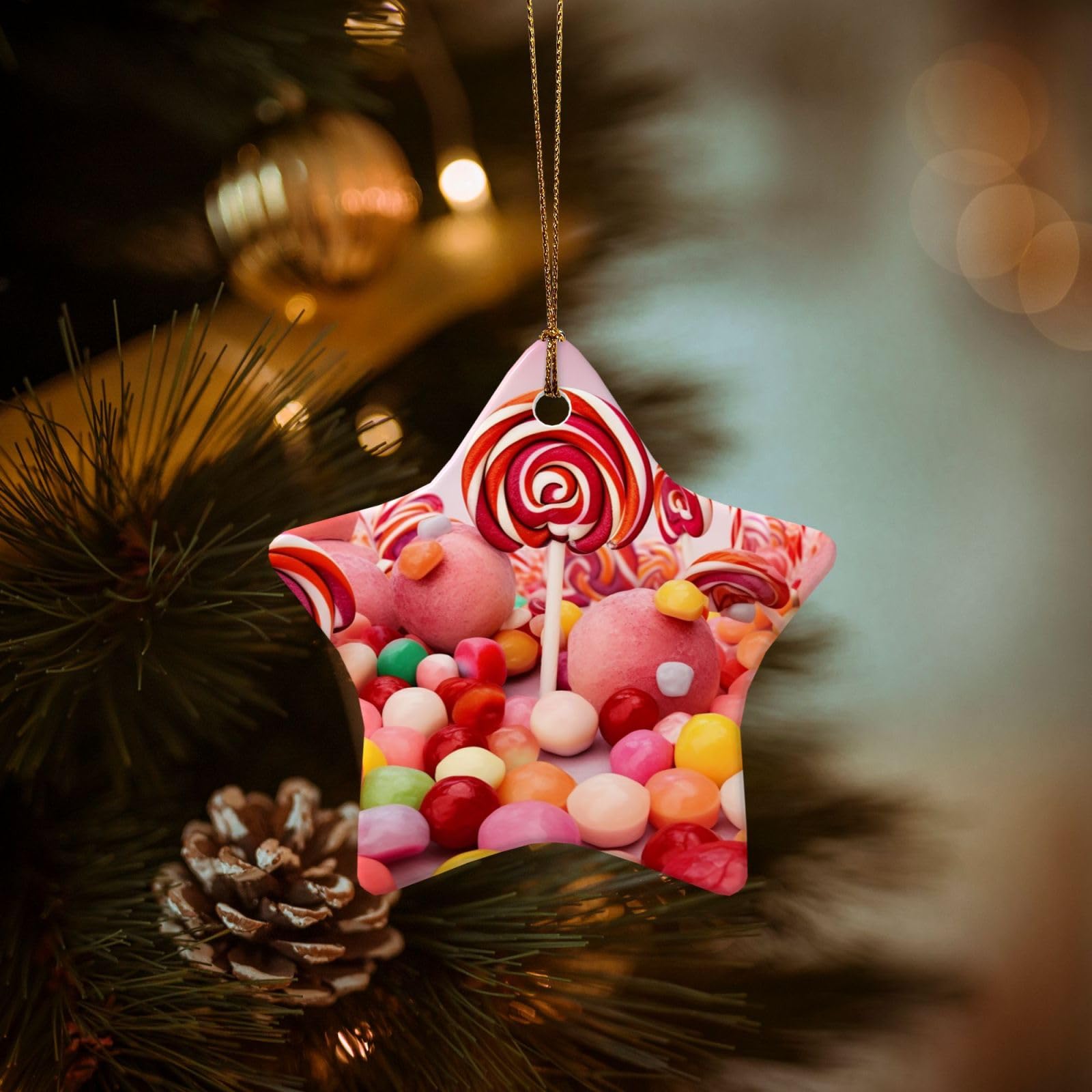 Christmas Ornaments for Christmas Tree Decoration Hanging Sweet Candy Ornament with Gold Ribbon Crafts Star Shape Ceramic Pendant for Keepsake Gifts Xmas Decor Party Supplies