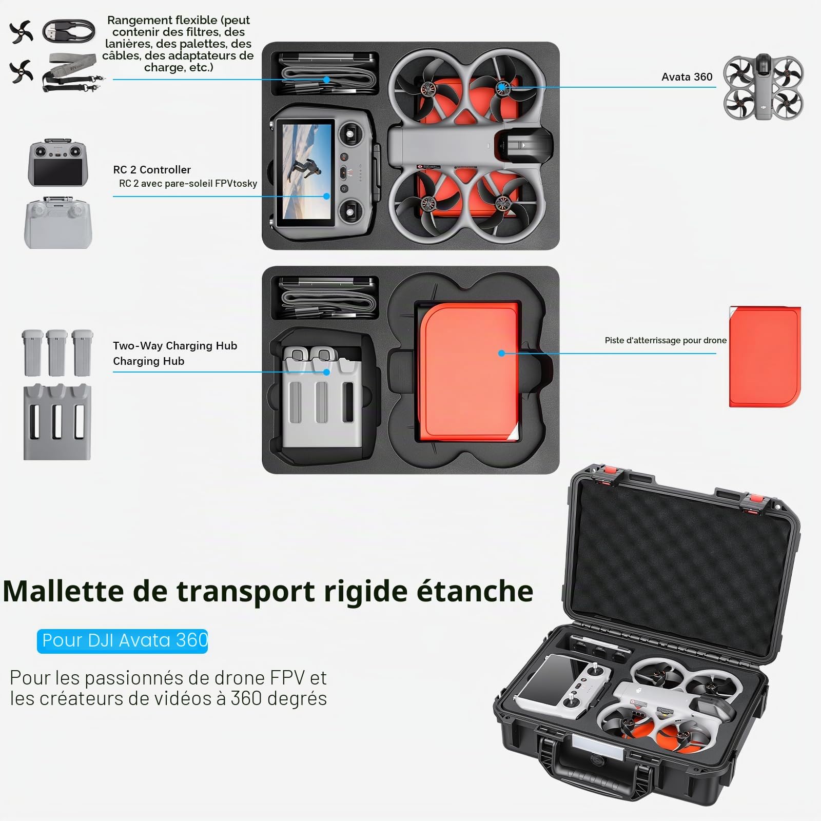 FPVtosky Valise Rigide pour DJI Avata 360 & RC 2 – IP67 Étanche, avec Place pour Tapis d'Atterrissage, Station de Charge Accessoires [UNIQUEMENT LA VALISE]