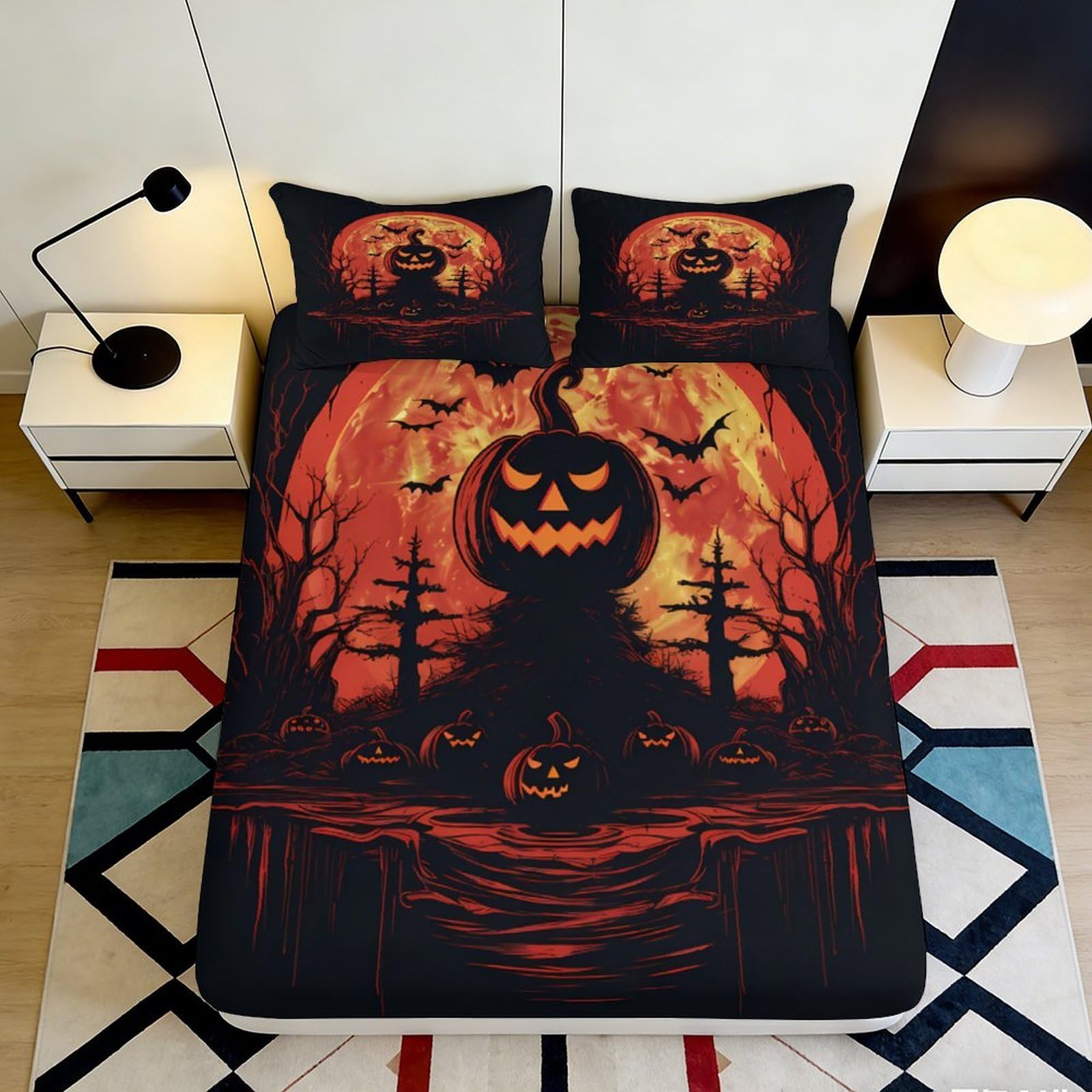 3D Printed Halloween Pumpkin Fitted Sheet Microfiber Bed Cover Orange Black Gothic Mattress Protector for Bedroom Guest Room Decor 90x200x25cm