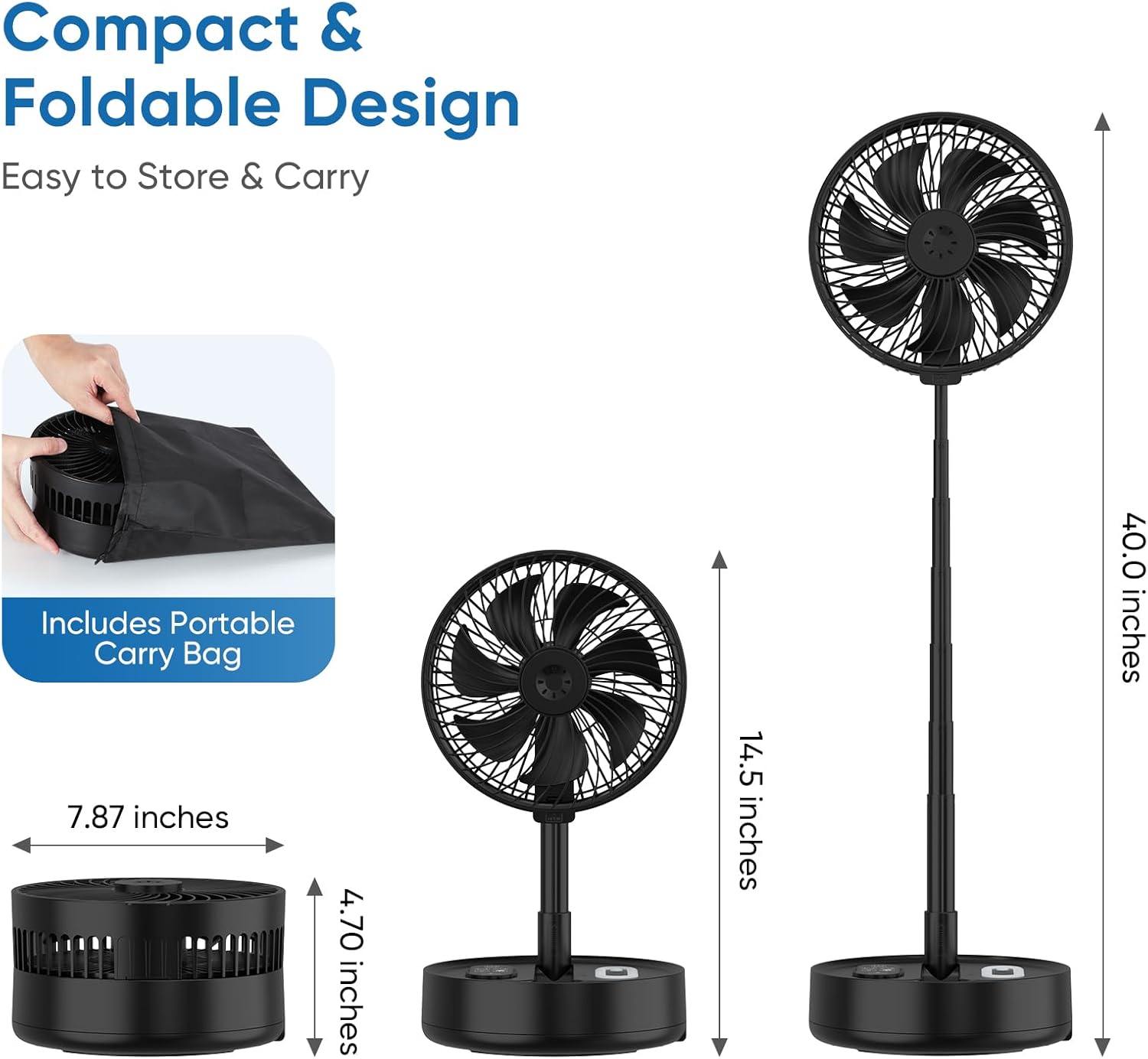 Portable Foldable Fan, Rechargeable Fan with Remote, Telescopic & Adjustable Height, 4 Speeds, Auto Oscillation, LED Light, Timer & Aroma Case – Quiet Cooling for Home, Outdoor Travel (Black with Bag)