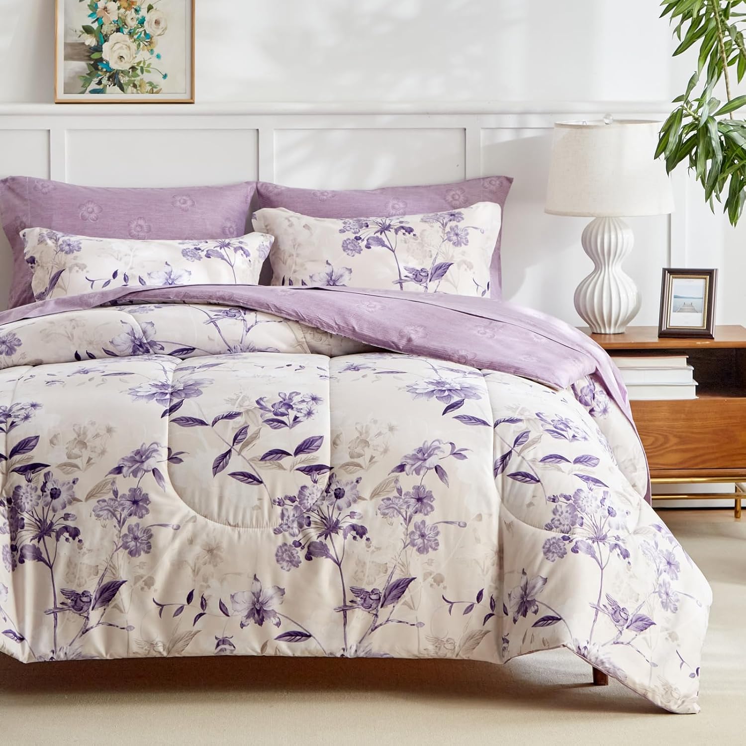AIKASY 7-Piece Queen Size Bed in a Bag Comforter Set - Lilac Purple Floral Ensemble with Reversible Botanical Flowers Comforter, Sheets, Pillowcases & Shams - Image 2