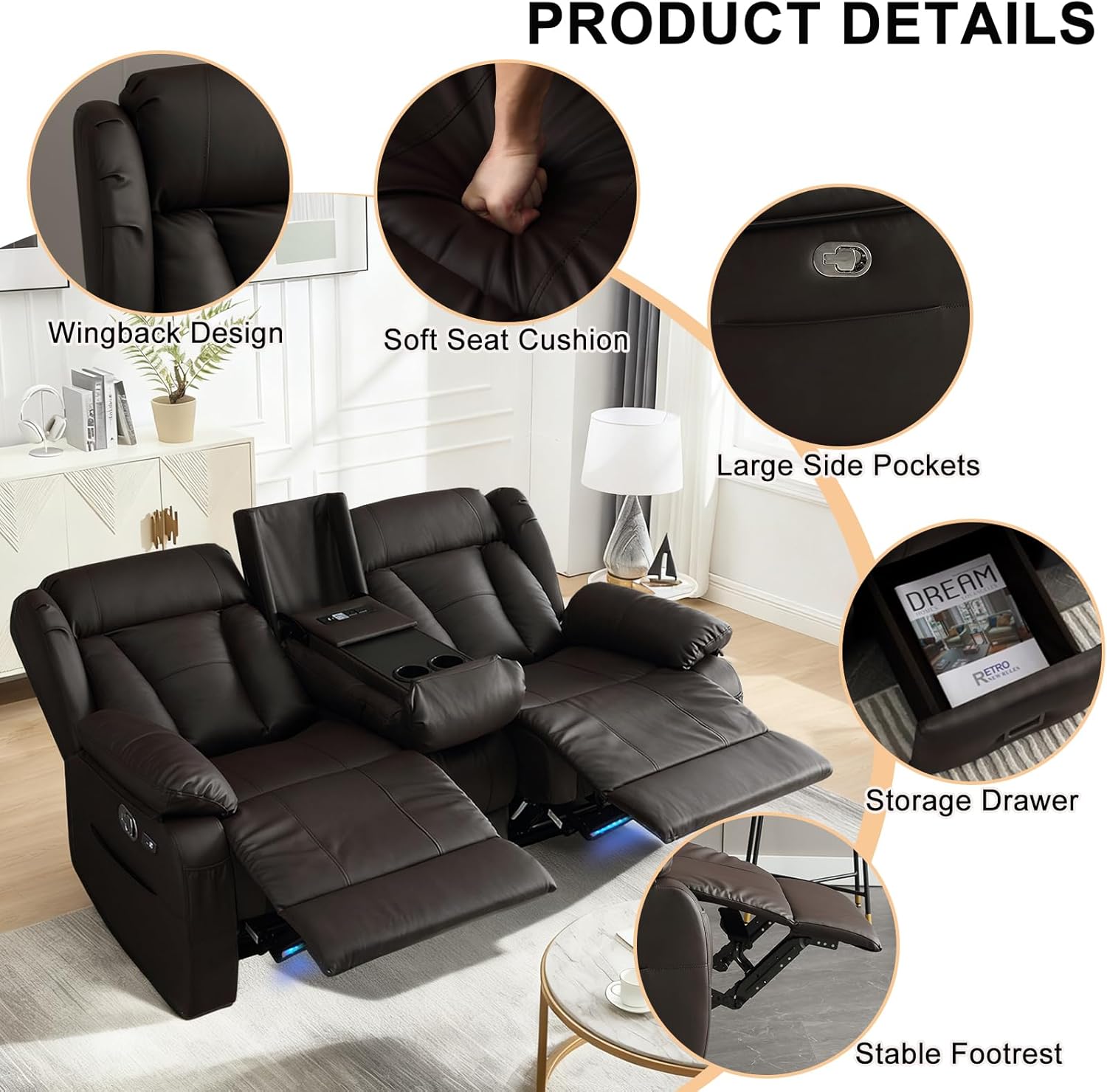 Loveseat Recliner Sofa, RV Recliner Couch, Manual Reclining Loveseat with Console for Living Room, Home Theater Seating with AC/USB C/USB LED Light Drawer (Brown, Loveseat with Console)
