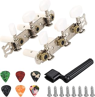 LOPOTIN 2Pcs Classical Guitar Tuning Pegs Keys Tuners Acoustic Guitar Machine Heads Tuner Silver Pearled Fingerboard Guitar Tuning Mechanical Accessory with Guitar String Winder 6Pcs Guitar Picks