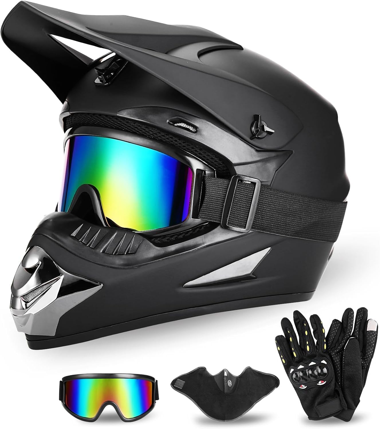 Full Face Dirt Bike Helmet DOT Certified - Complete Adult ATV Helmet Kit with Goggles, Gloves & Mask, Adjustable Visor, Quick Release