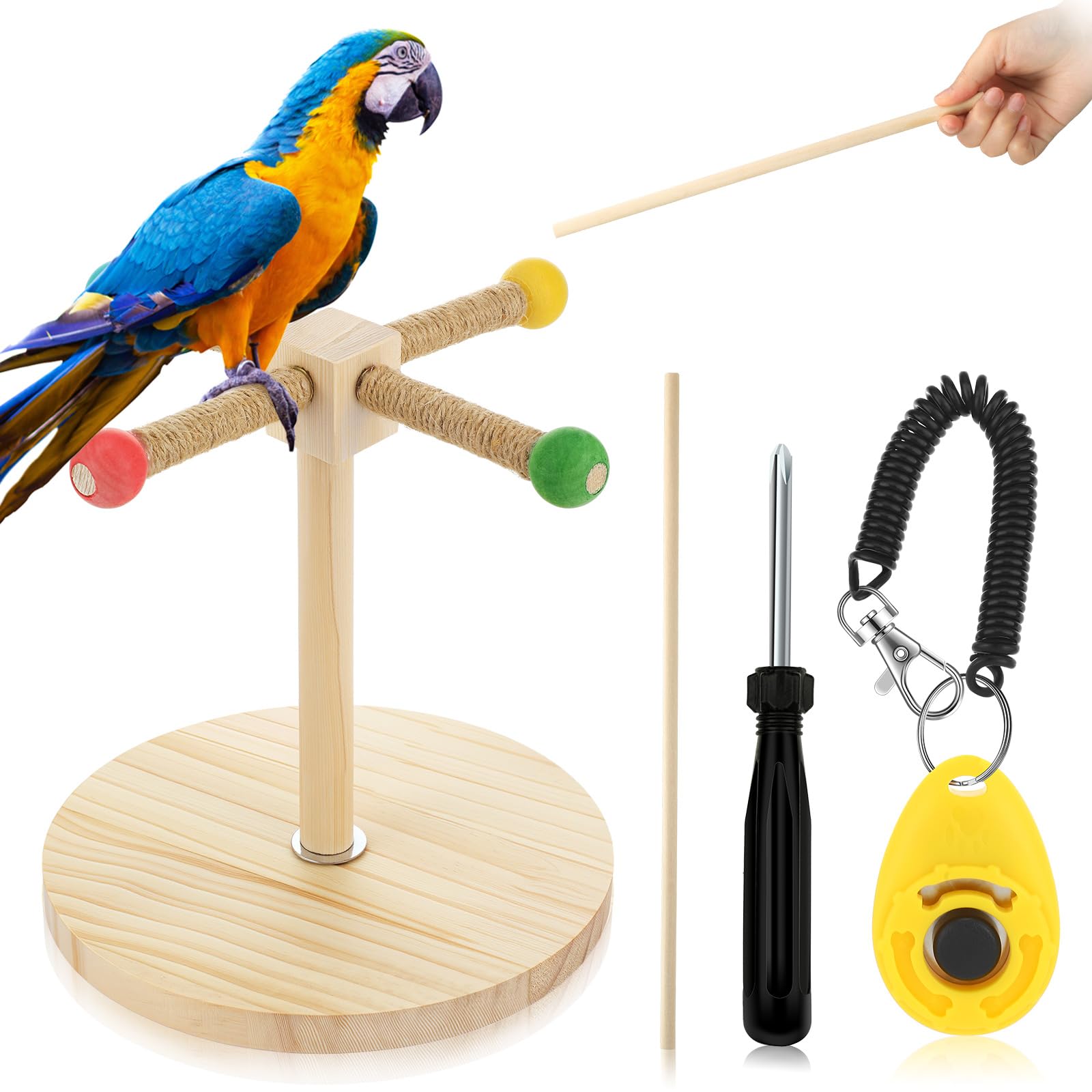 3-teiliges Vogel-Trainingsständer-Set, Papageien-Trainings-Clicker, tragbare Tisch-Vogelstange und Zielstab, Holz-Sitzstange mit Handschlaufe für Sittiche, Sittiche, Sittiche, Sittiche, Sittiche