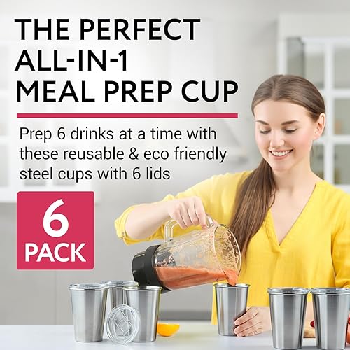 Miniatura 2 de IMPRESA Paquete de 6 tazas de acero inoxidable para preparación de comidas, tarros congelables para jugos y batidos con tapas, convenientes tazas de